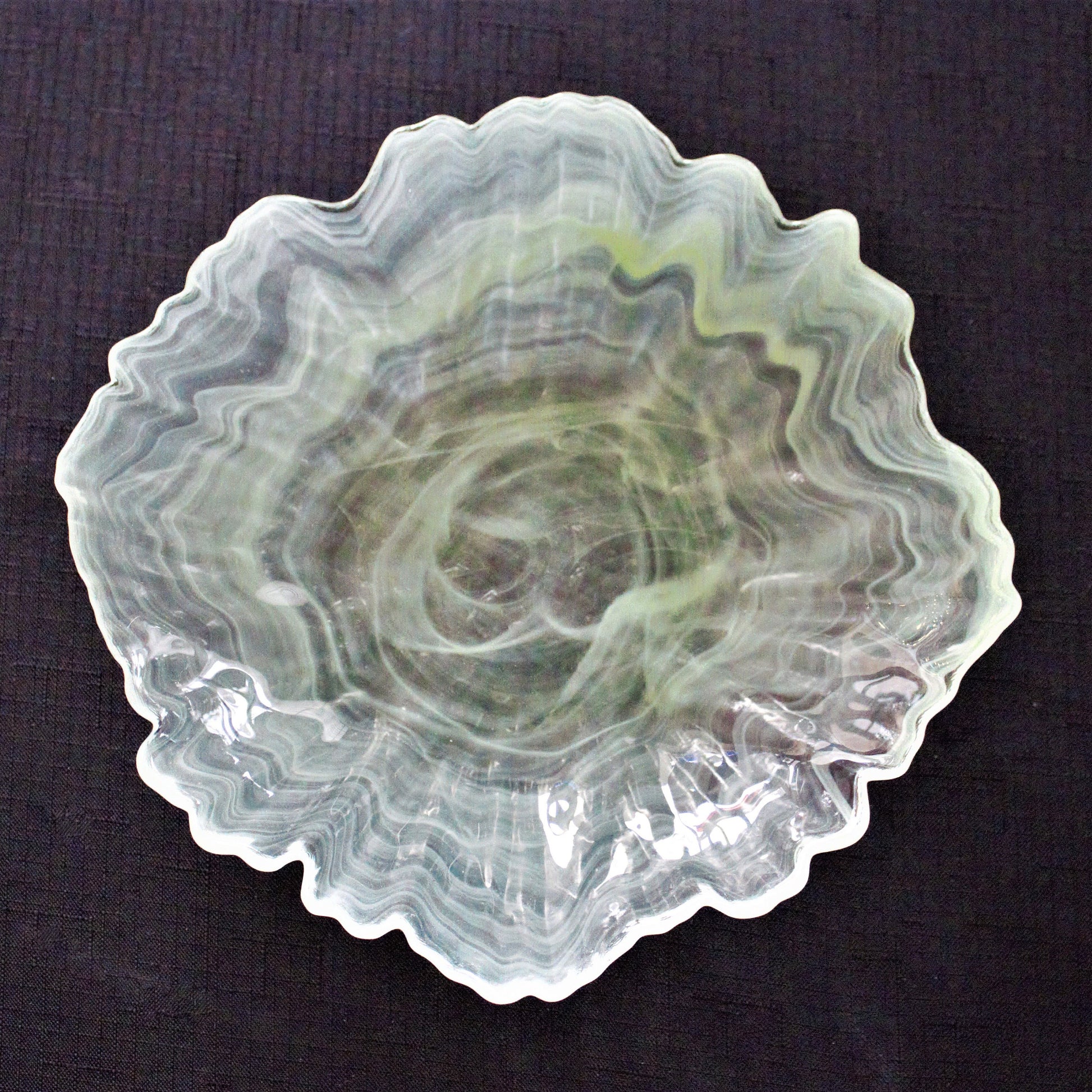 Green Swirl Glass Bowl Set of 4: Scalloped Edge, Unique Salad Bowls