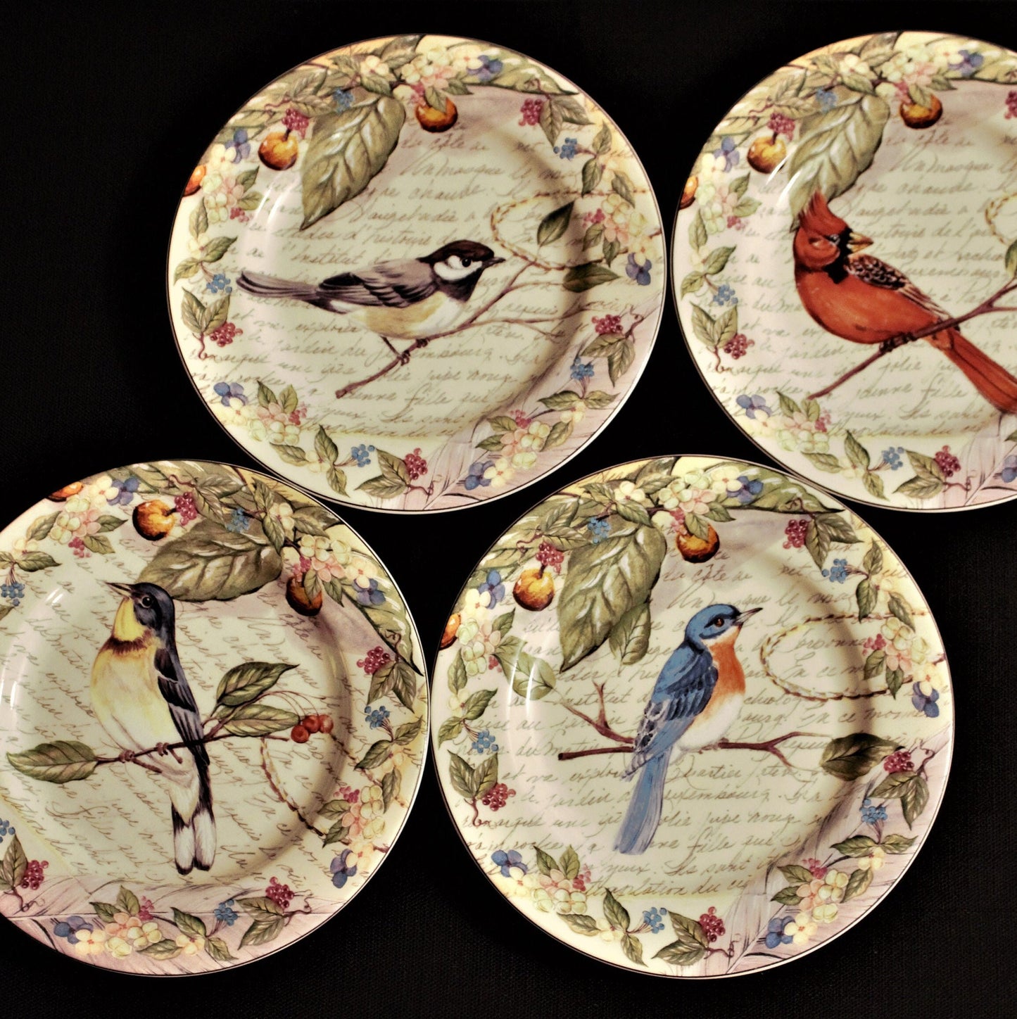 Colorful Bird Plates - American Atelier Morning Song - Set of 4 Porcelain Dessert Salad Plates