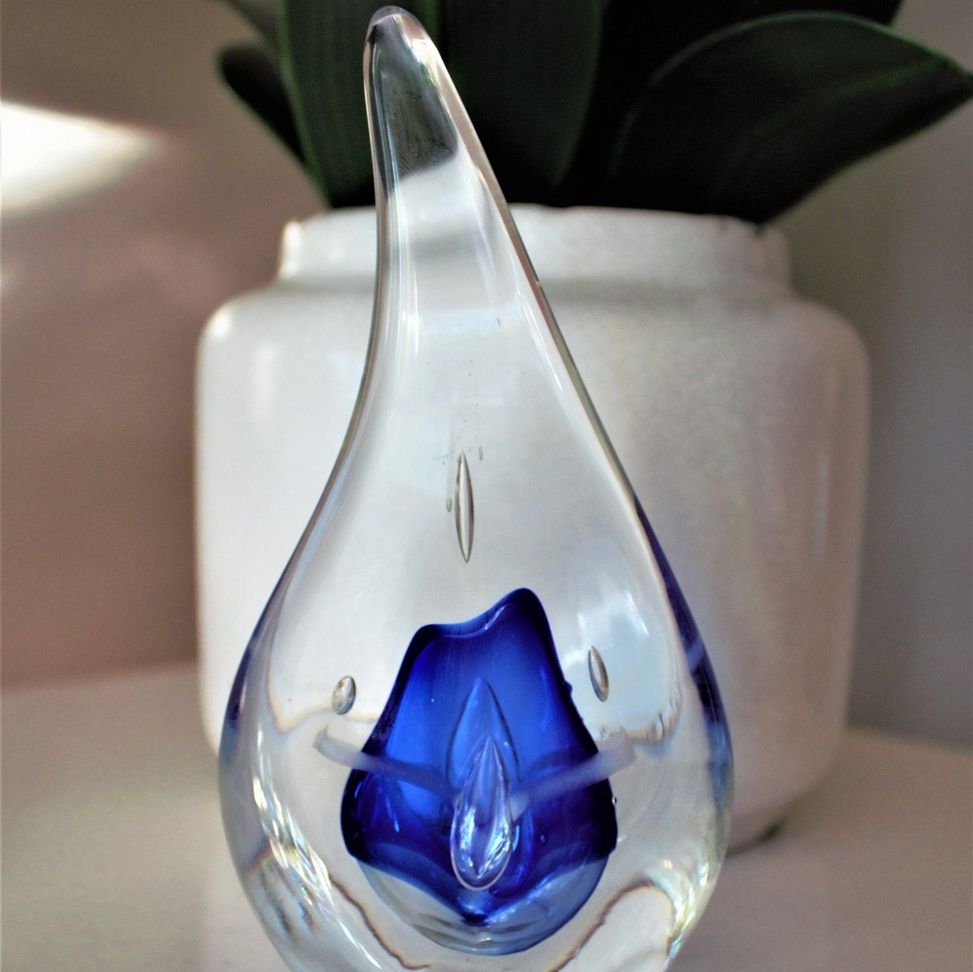 Adam Jablonski Art Glass Sculpture: Blue Teardrop Paperweight
