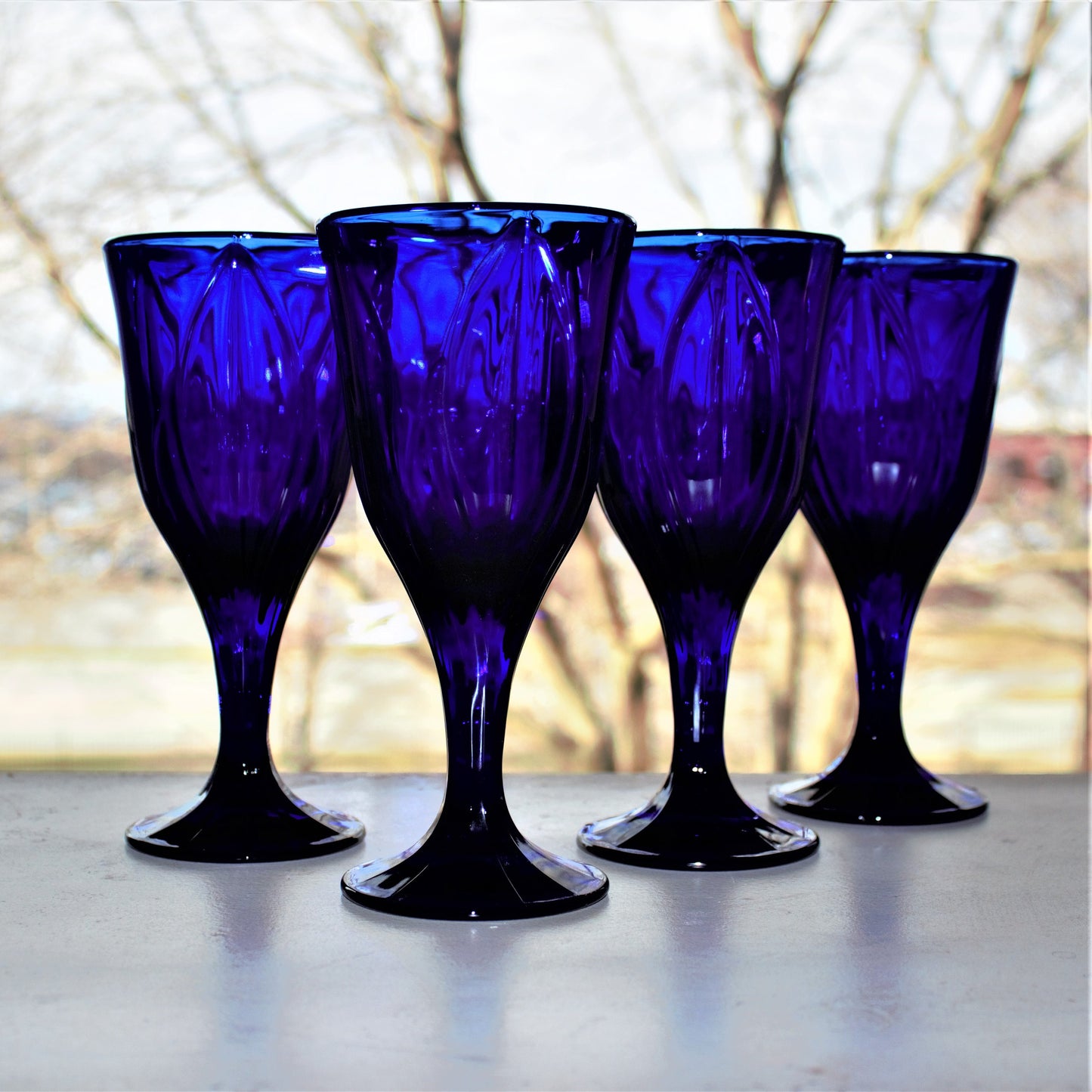 Cobalt Blue Wine Goblets - Set of 4 Vintage Leaf Patterned Stemware