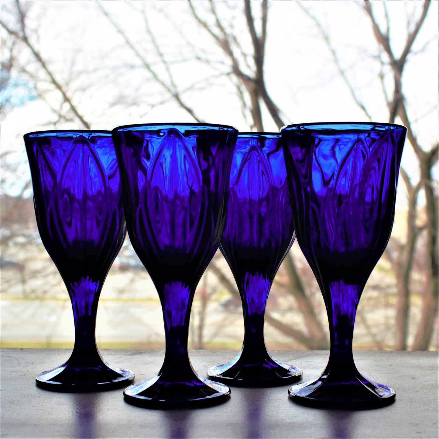 Cobalt Blue Wine Goblets - Set of 4 Vintage Leaf Patterned Stemware