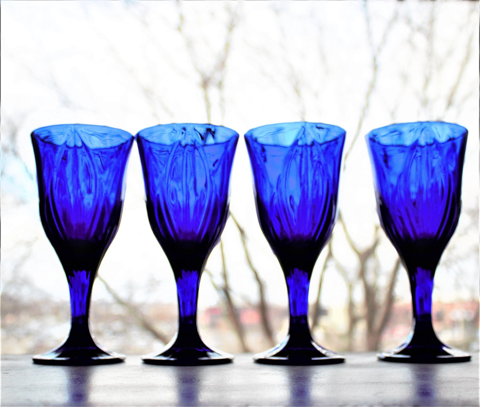Cobalt Blue Wine Goblets - Set of 4 Vintage Leaf Patterned Stemware
