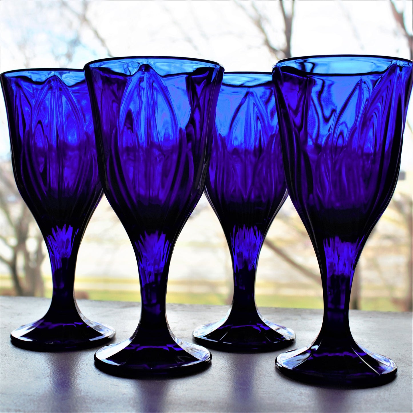 Cobalt Blue Wine Goblets - Set of 4 Vintage Leaf Patterned Stemware