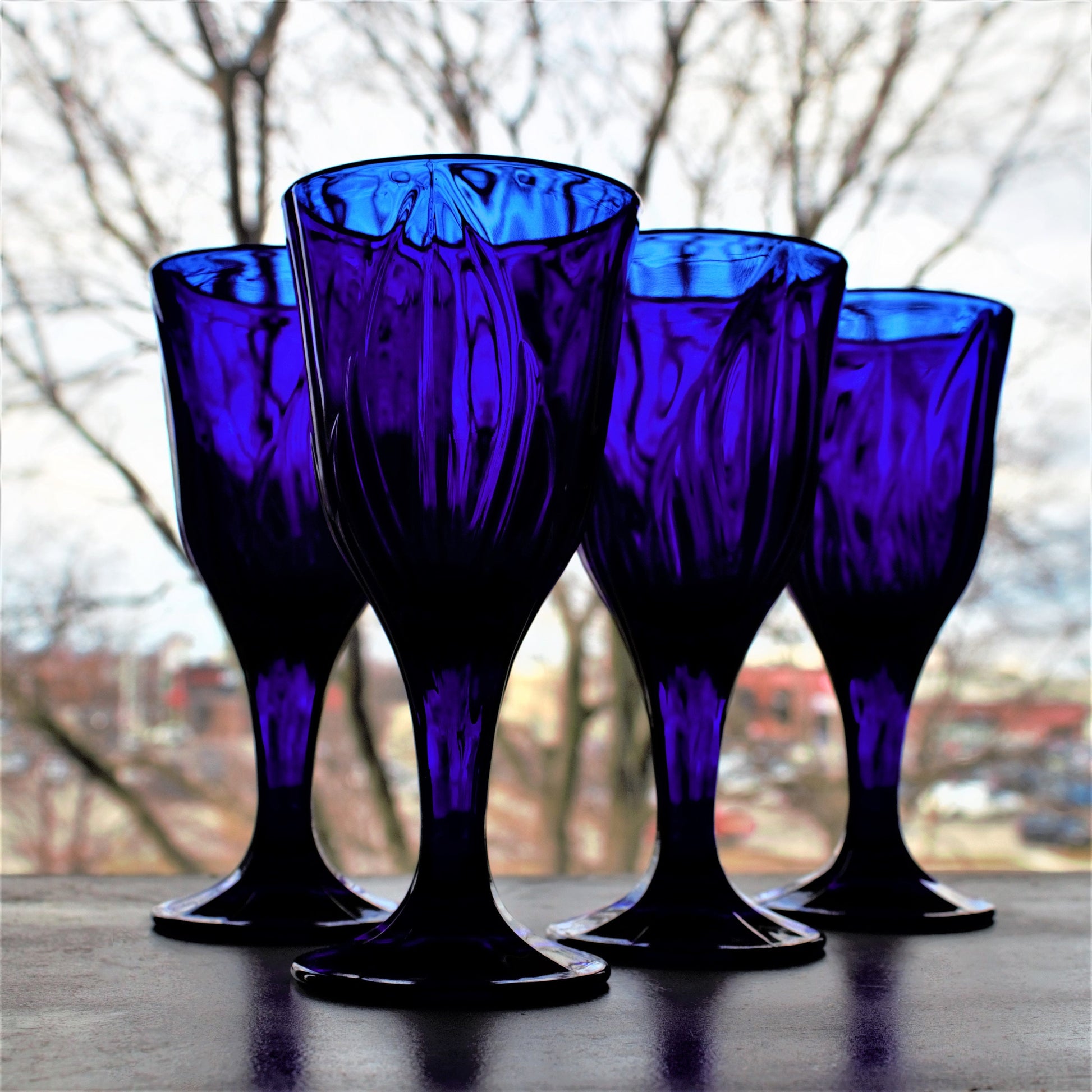 Cobalt Blue Wine Goblets - Set of 4 Vintage Leaf Patterned Stemware