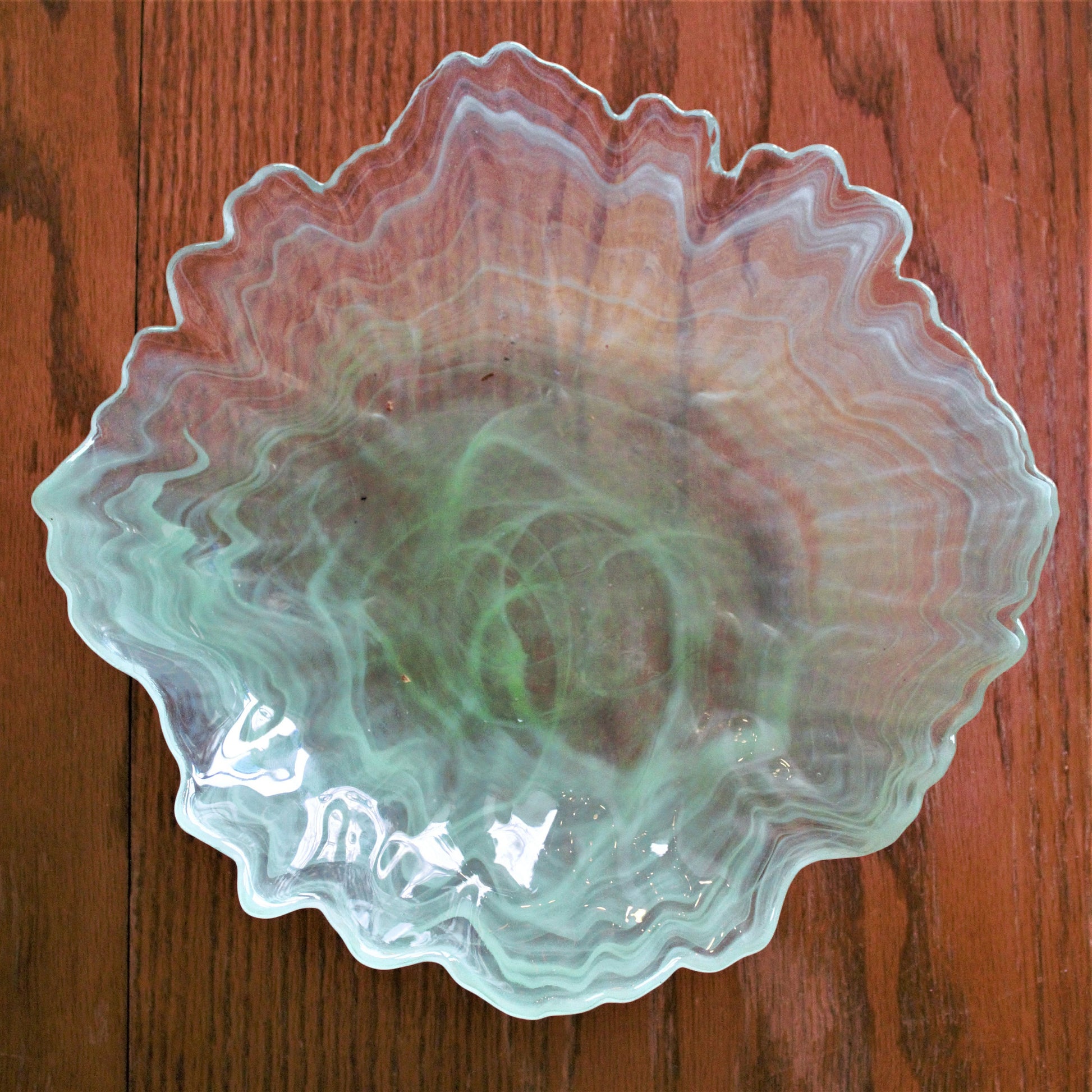 Green Swirl Glass Bowl Set of 4: Scalloped Edge, Unique Salad Bowls