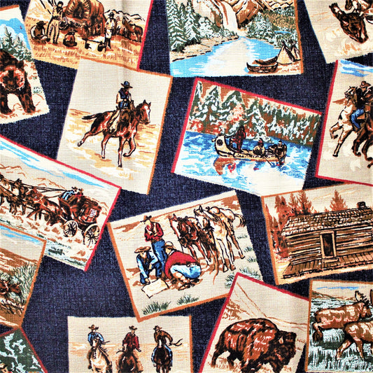 Vintage Western Fabric: Cowboy & Pioneer Scenes, Bloomcraft Remnant