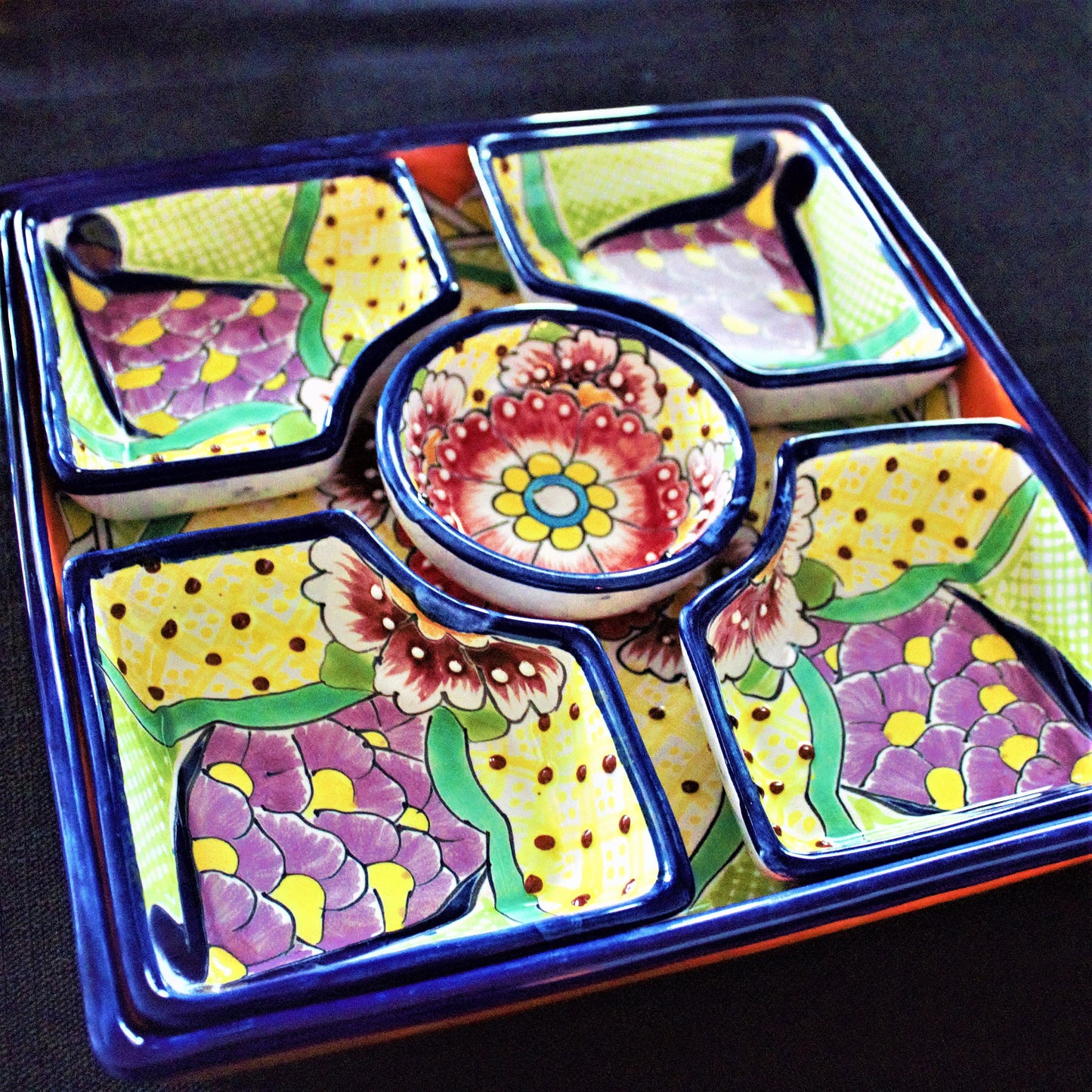Handpainted Talavera Ceramic Platter Set, Colorful Mexican Serving Bowls, 6 Piece