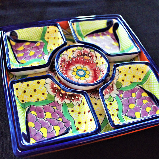 Handpainted Talavera Ceramic Platter Set, Colorful Mexican Serving Bowls, 6 Piece