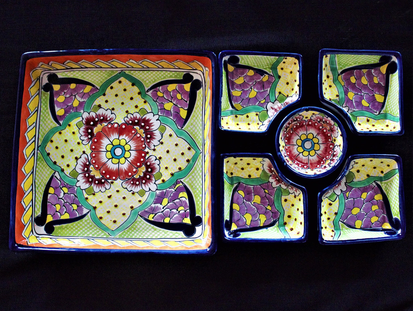 Handpainted Talavera Ceramic Platter Set, Colorful Mexican Serving Bowls, 6 Piece