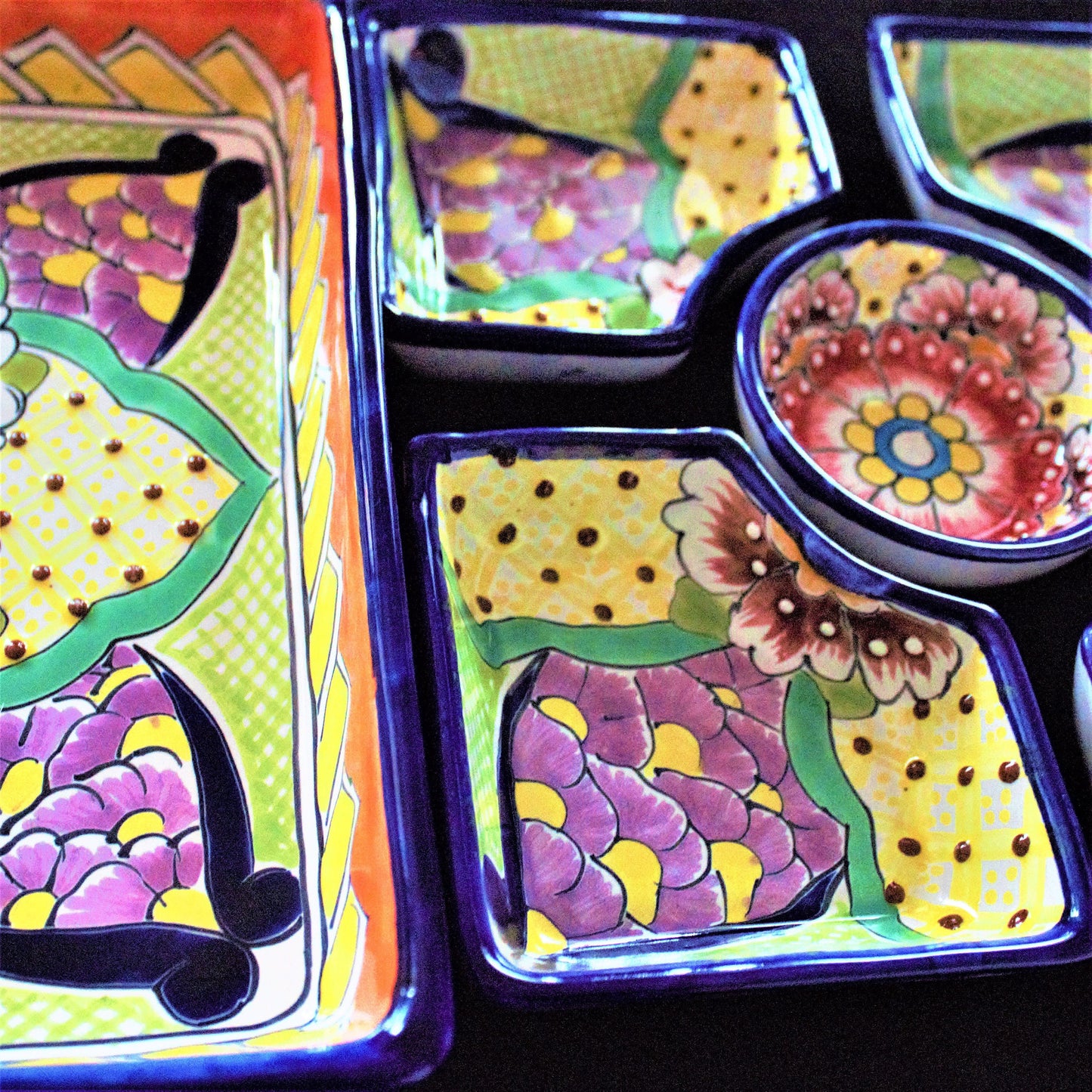 Handpainted Talavera Ceramic Platter Set, Colorful Mexican Serving Bowls, 6 Piece