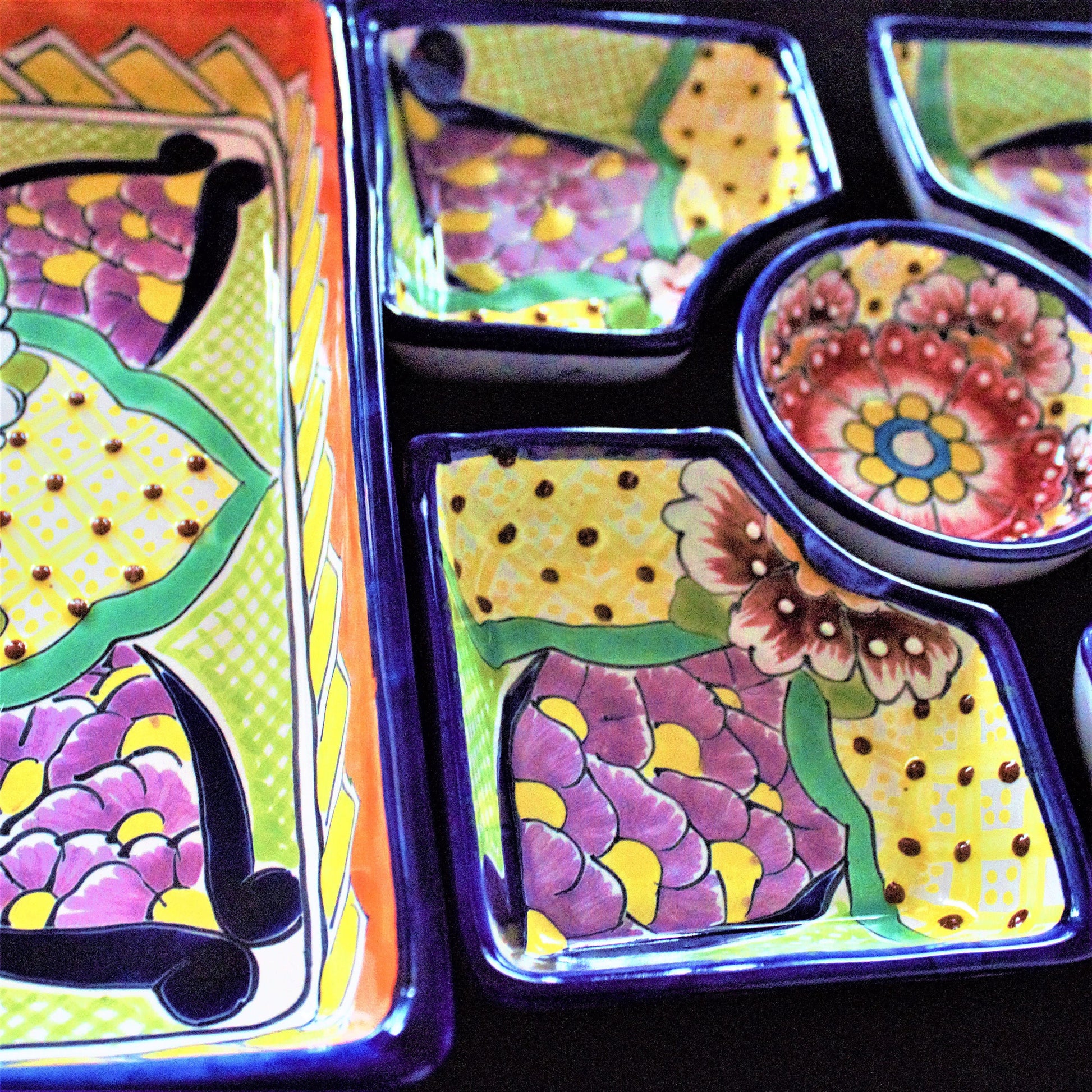 Handpainted Talavera Ceramic Platter Set, Colorful Mexican Serving Bowls, 6 Piece