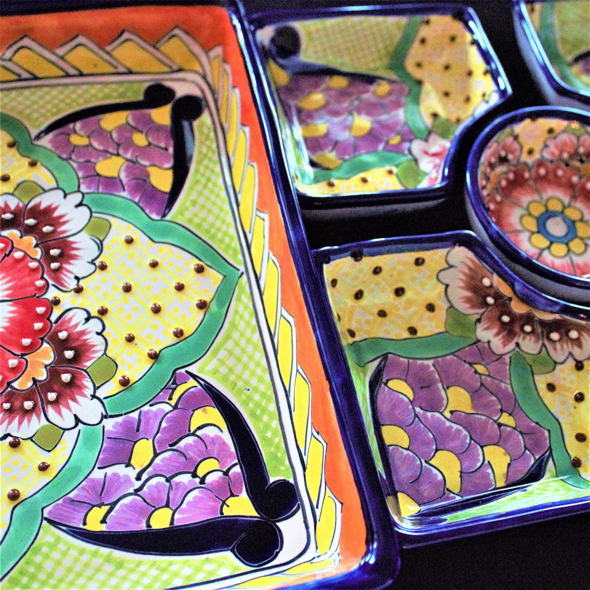 Handpainted Talavera Ceramic Platter Set, Colorful Mexican Serving Bowls, 6 Piece