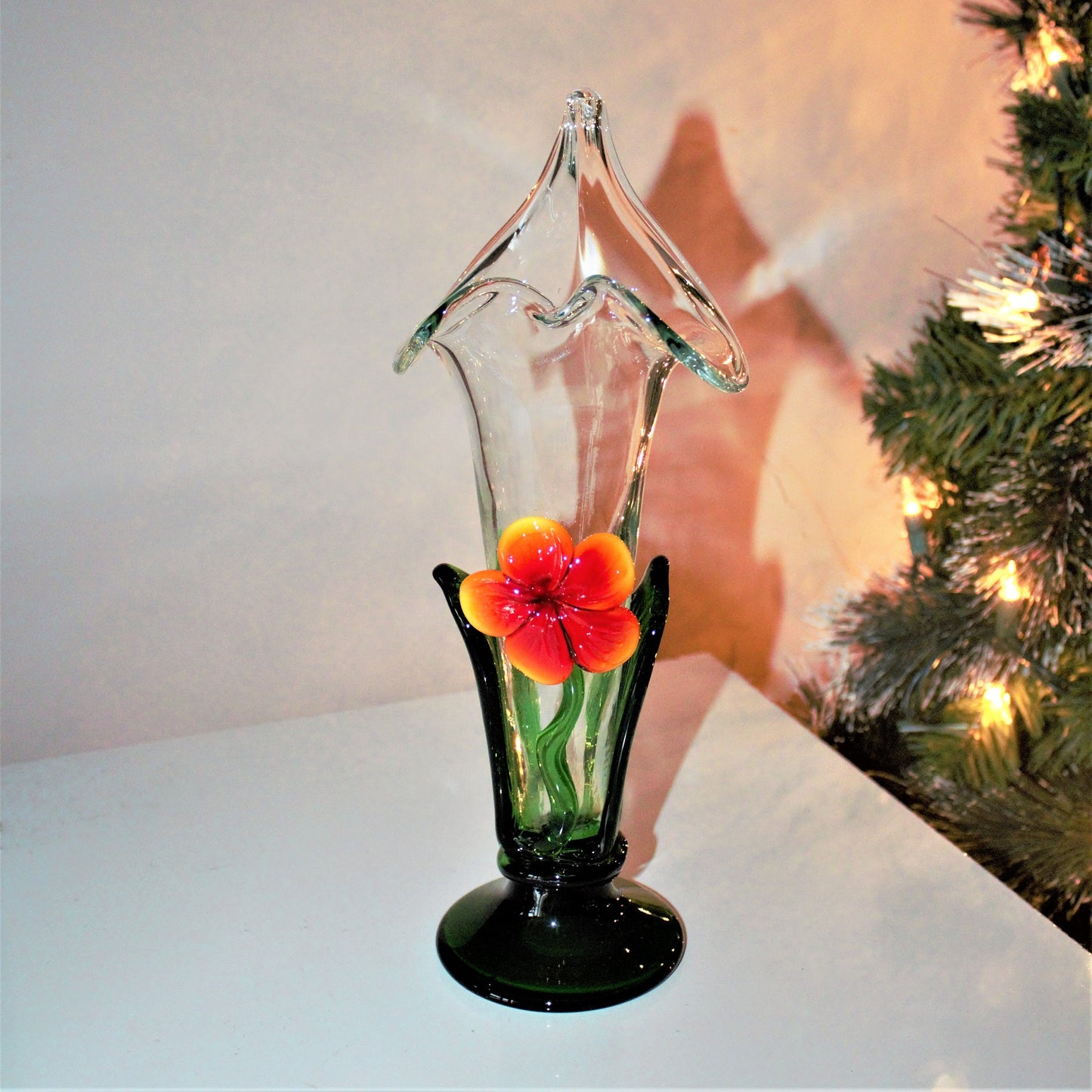 Vintage Handblown Glass Vase: Applied Orange Flower Art Glass