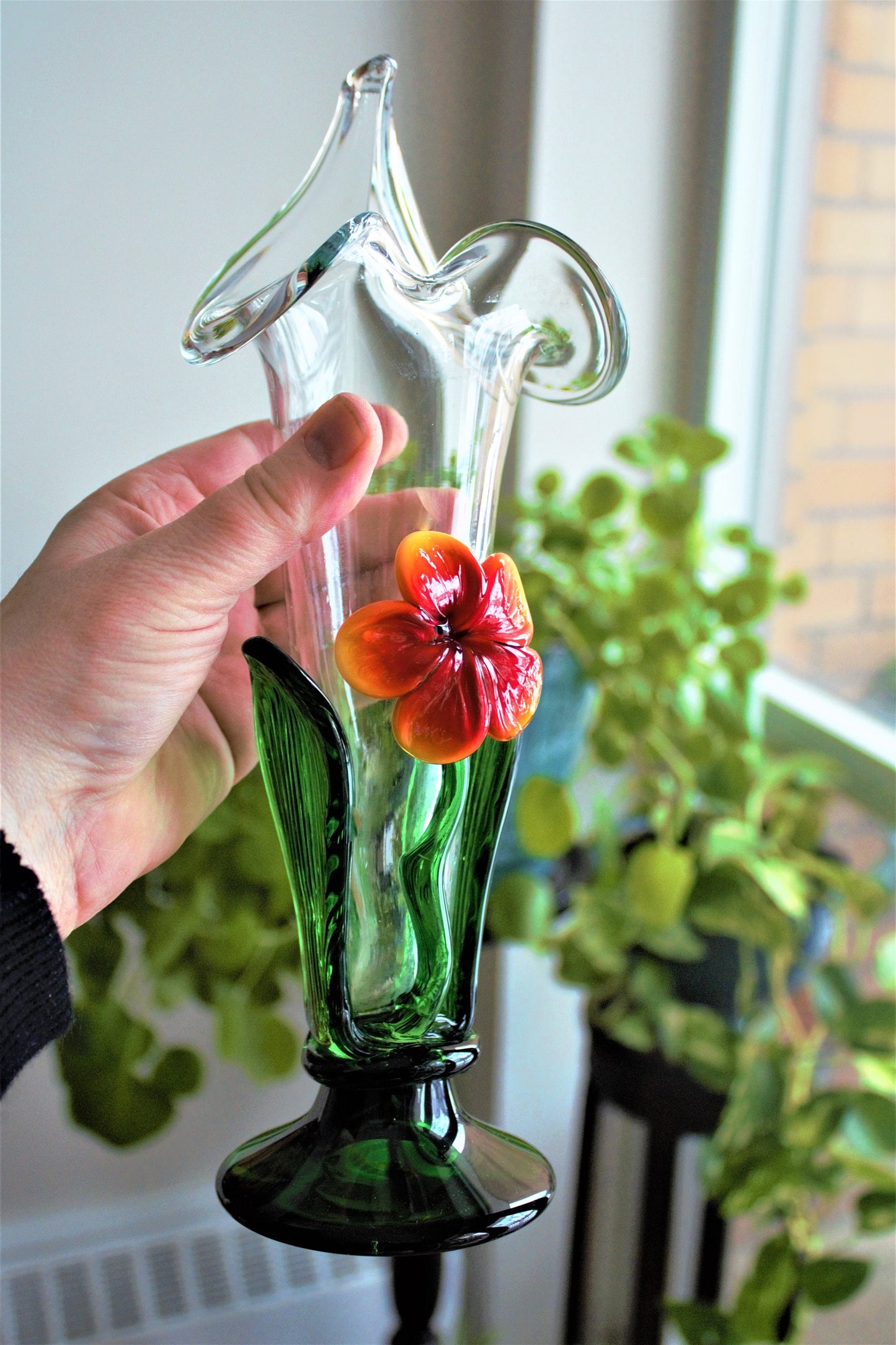 Vintage Handblown Glass Vase: Applied Orange Flower Art Glass