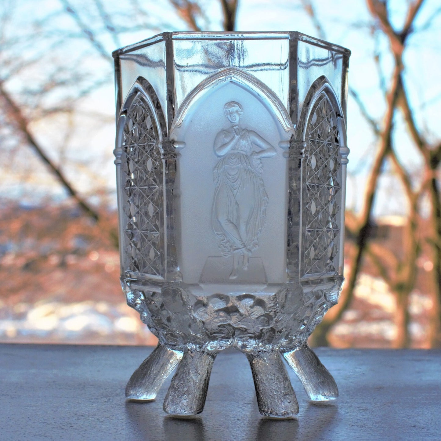 Antique EAPG Sugar Bowl: Gillinder & Sons Frosted Mythology Figure