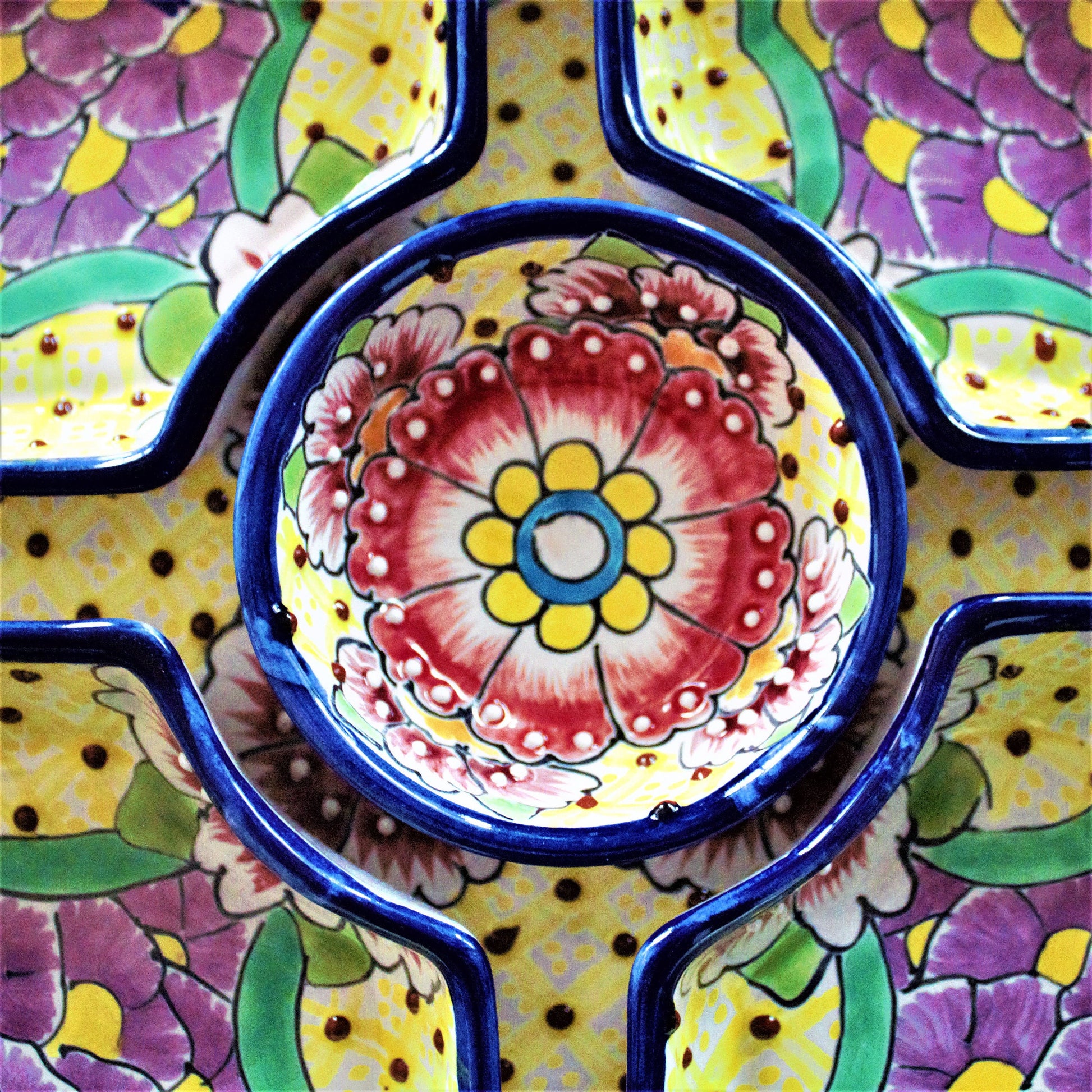 Handpainted Talavera Ceramic Platter Set, Colorful Mexican Serving Bowls, 6 Piece