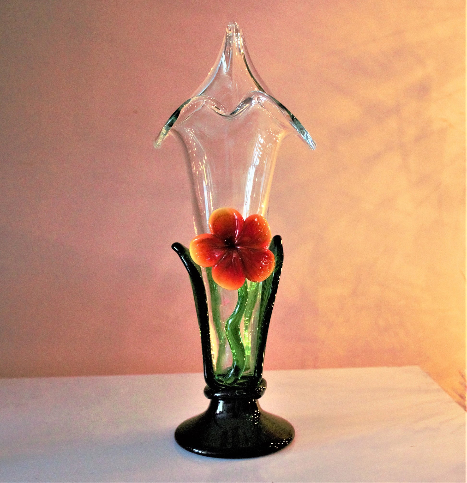 Vintage Handblown Glass Vase: Applied Orange Flower Art Glass