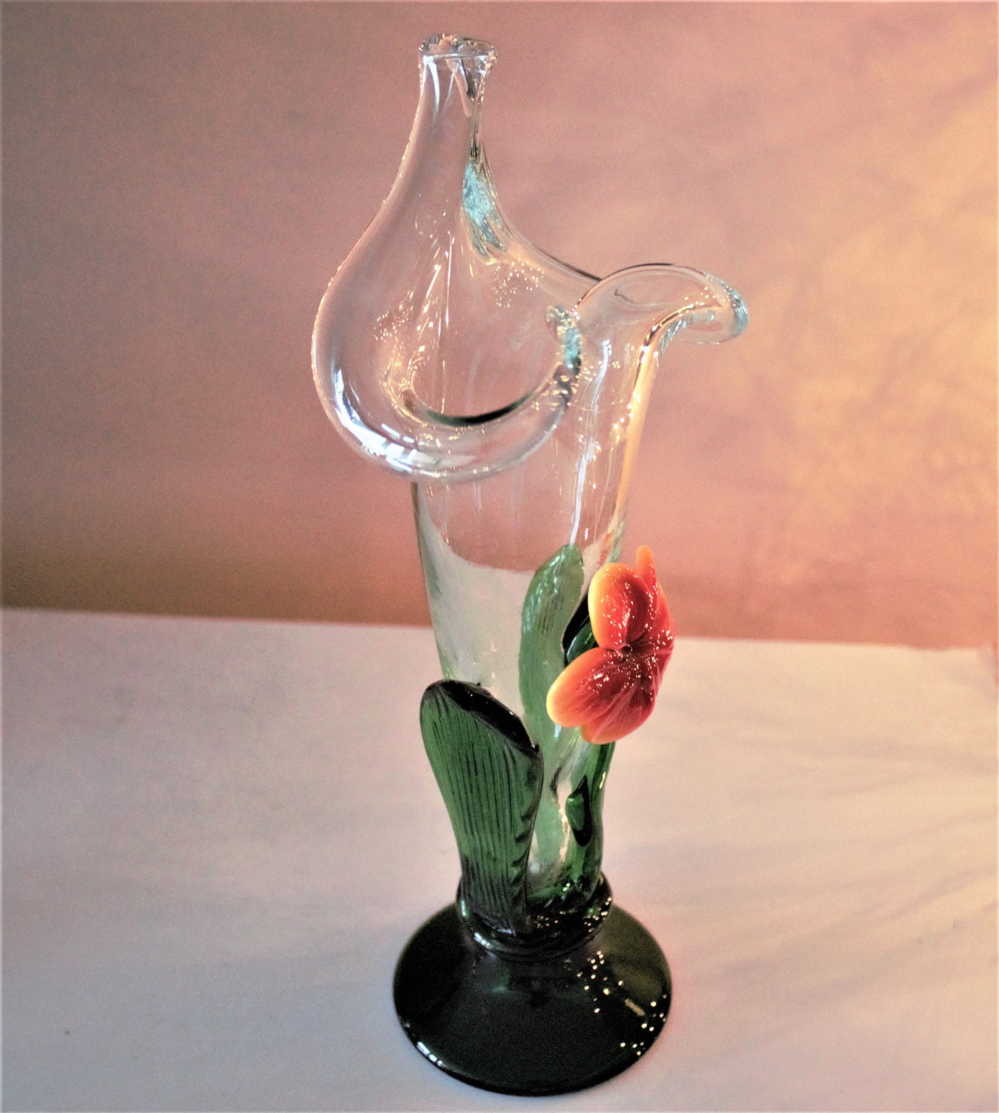 Vintage Handblown Glass Vase: Applied Orange Flower Art Glass