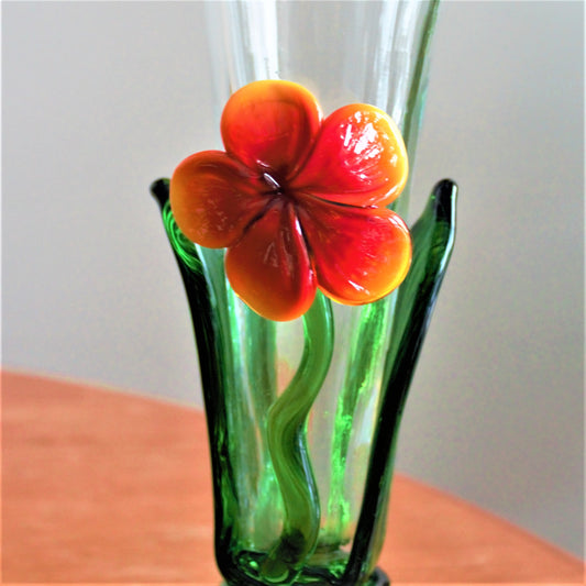 Vintage Handblown Glass Vase: Applied Orange Flower Art Glass