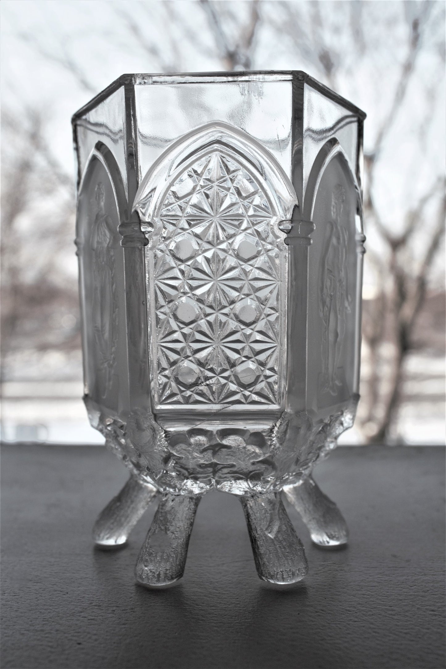 Antique EAPG Sugar Bowl: Gillinder & Sons Frosted Mythology Figure