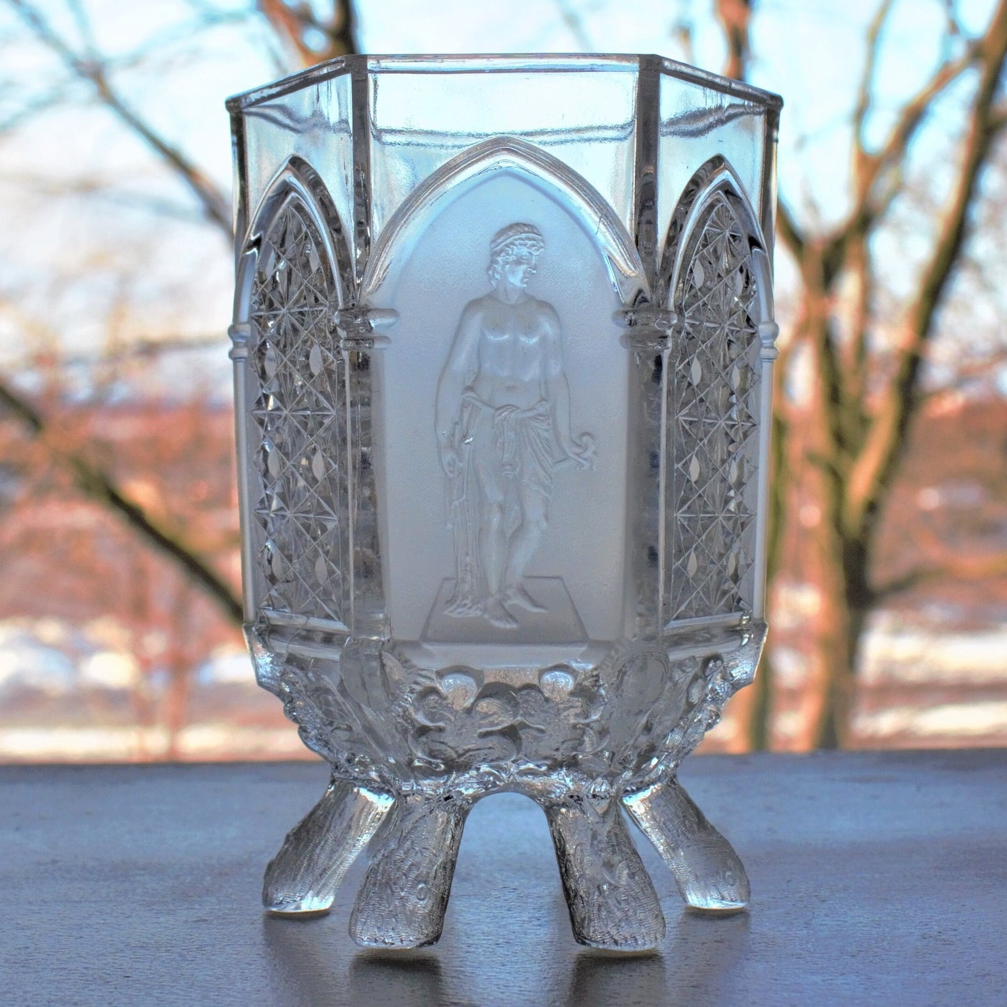 Antique EAPG Sugar Bowl: Gillinder & Sons Frosted Mythology Figure