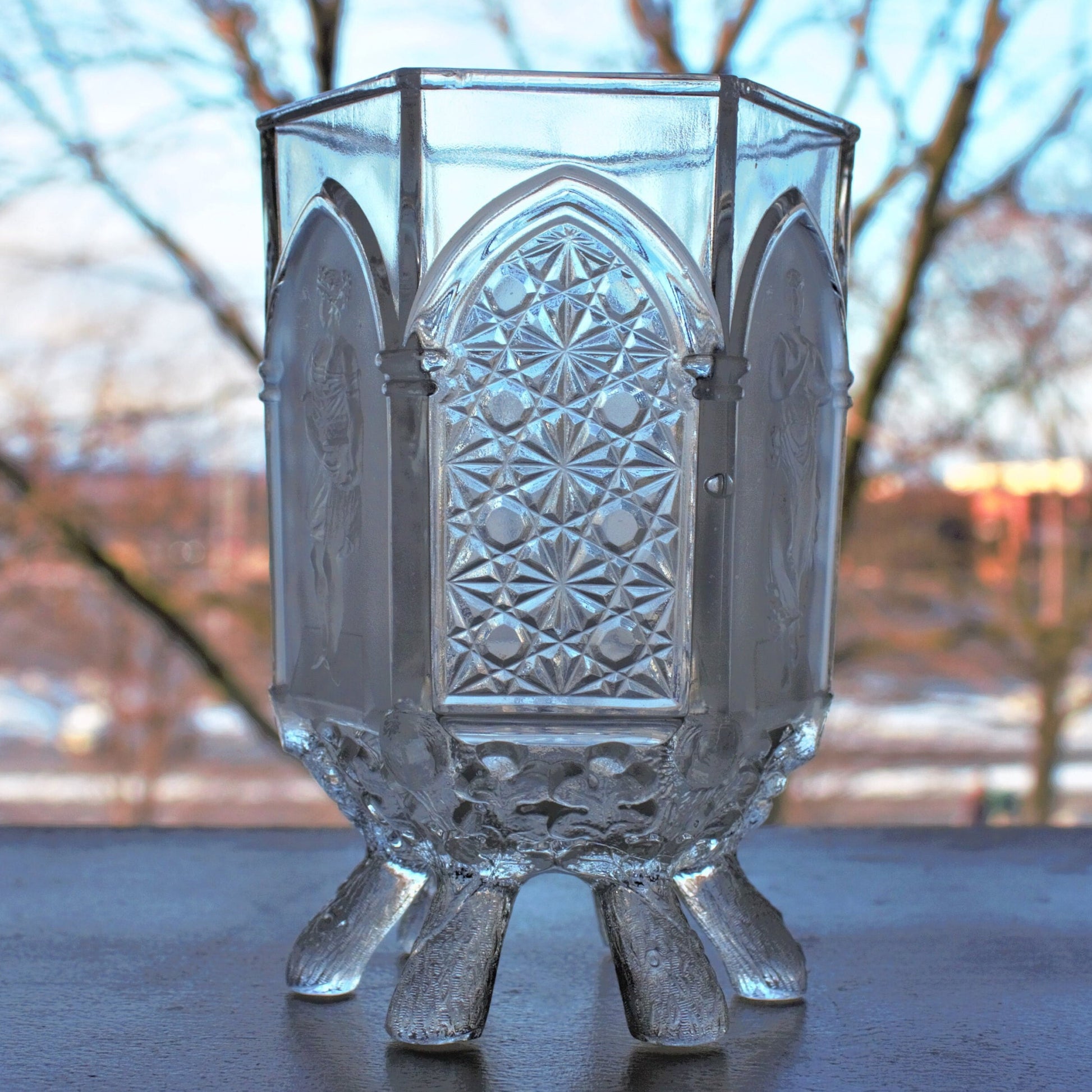 Antique EAPG Sugar Bowl: Gillinder & Sons Frosted Mythology Figure