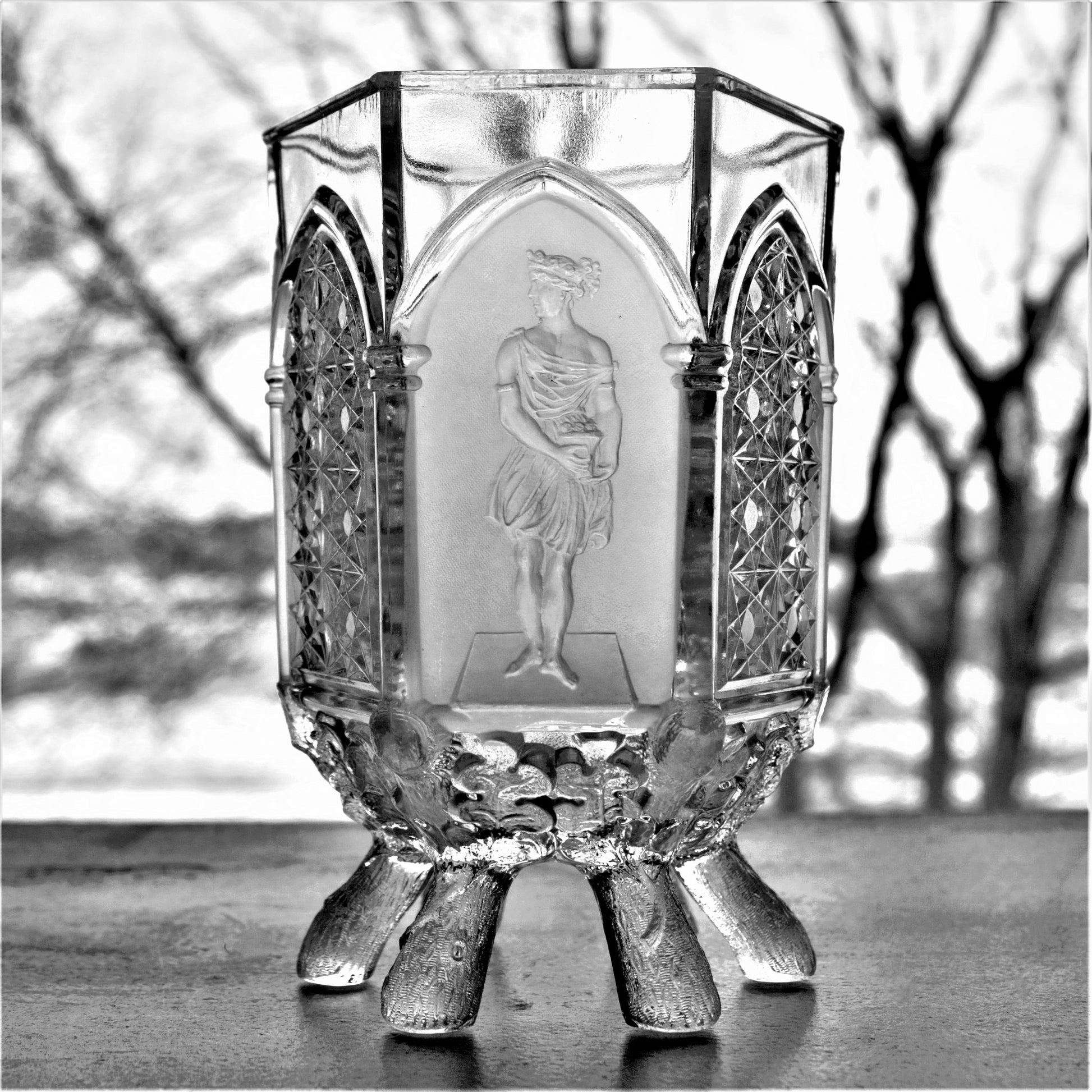 Antique EAPG Sugar Bowl: Gillinder & Sons Frosted Mythology Figure