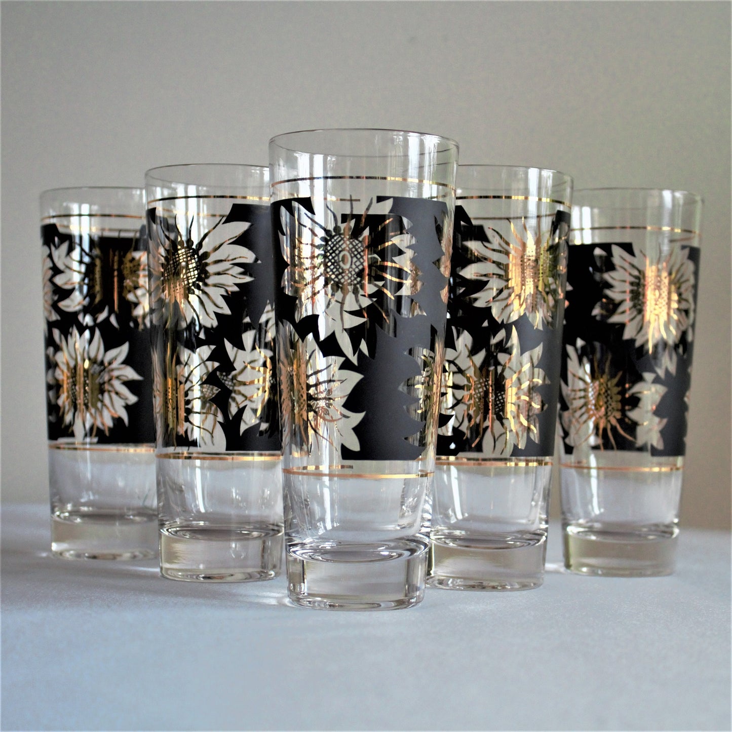 Vintage Gold Sunflower Tumblers: Black Cocktail Glasses, Set of 5