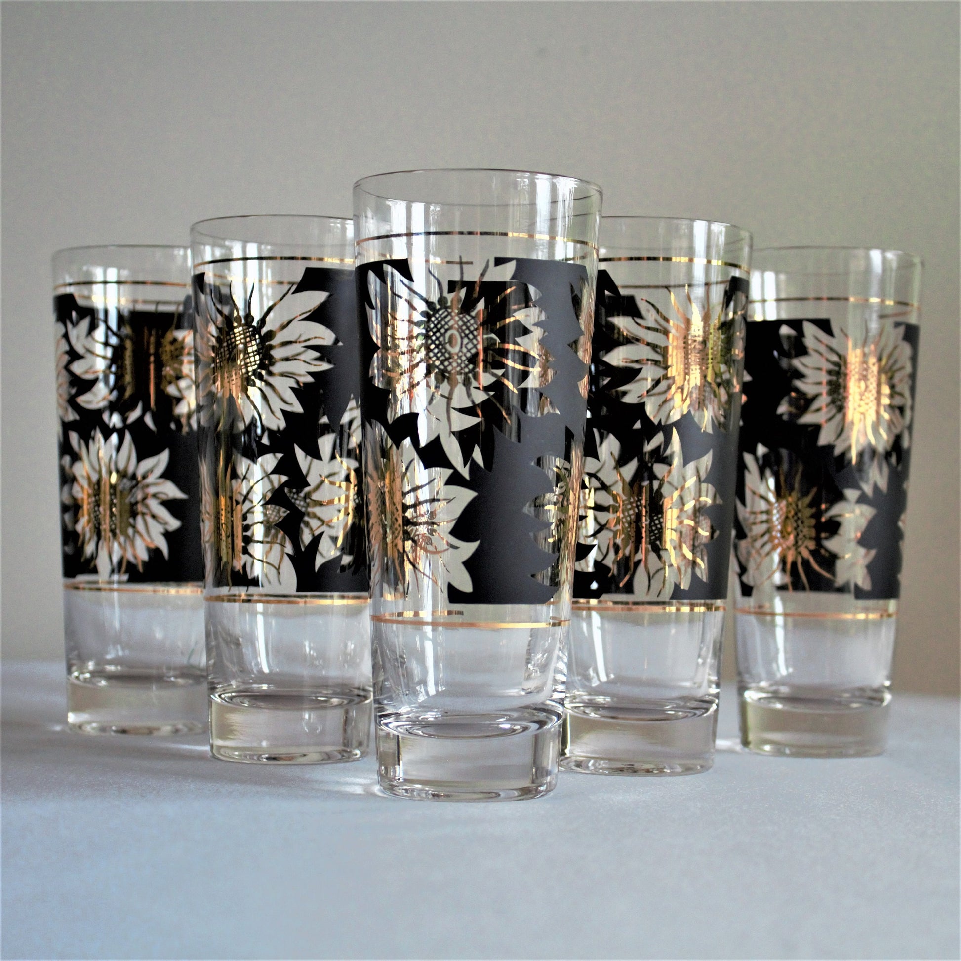 Vintage Gold Sunflower Tumblers: Black Cocktail Glasses, Set of 5