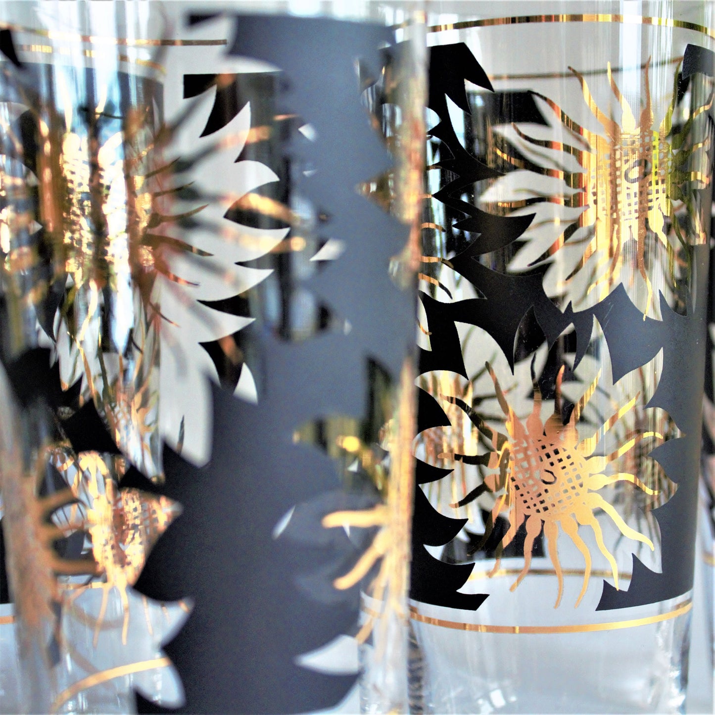 Vintage Gold Sunflower Tumblers: Black Cocktail Glasses, Set of 5