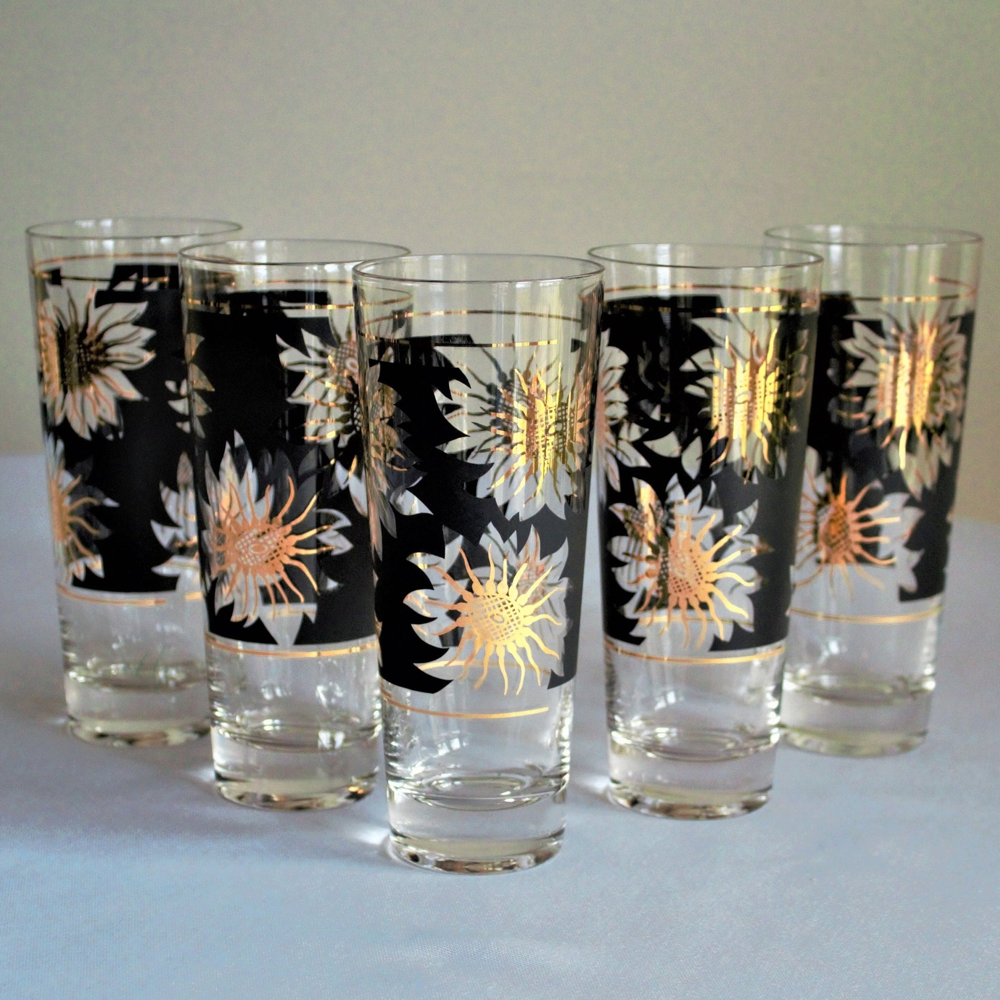 Vintage Gold Sunflower Tumblers: Black Cocktail Glasses, Set of 5