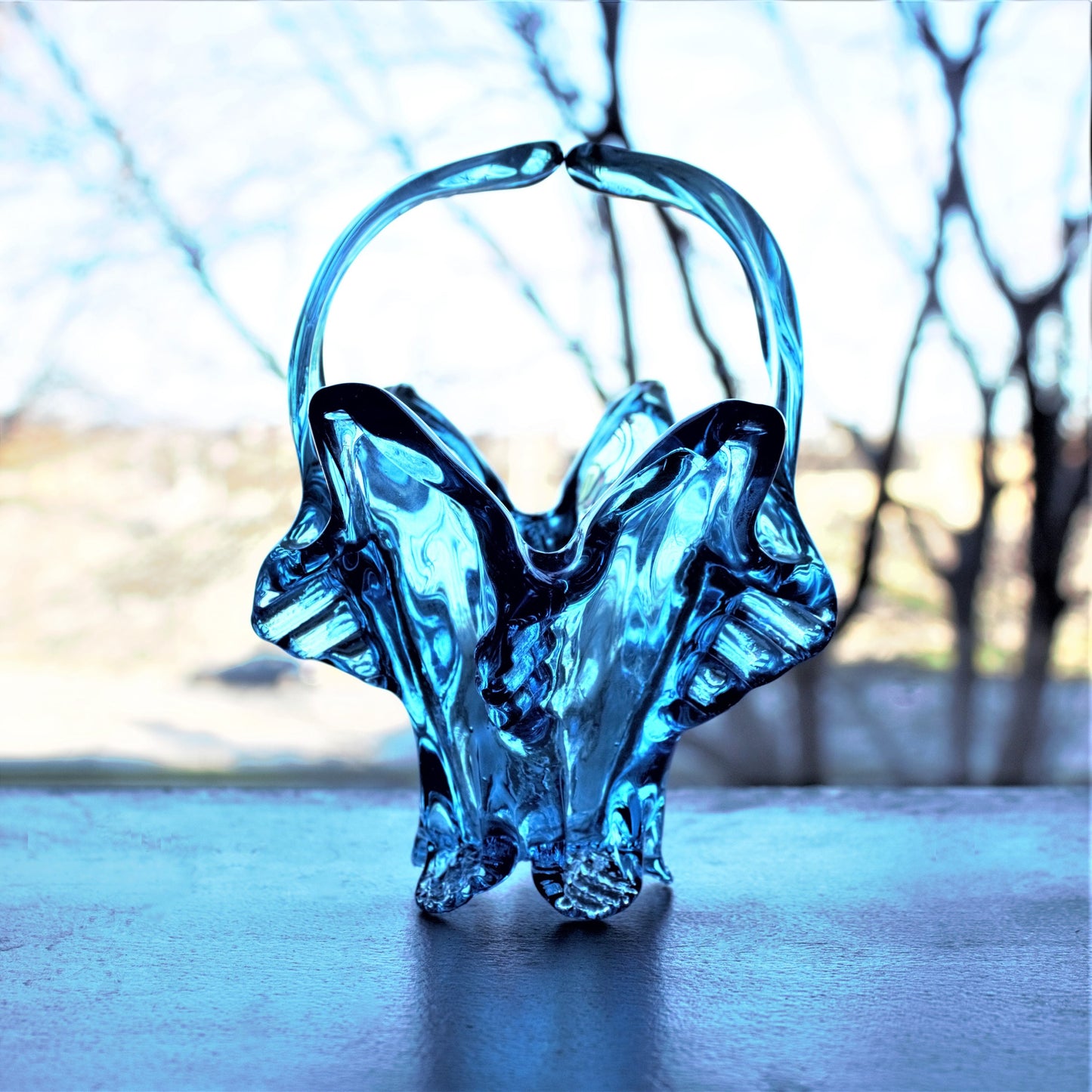 Vintage Capri Blue Glass Basket: Handblown Split Handle Sculpture