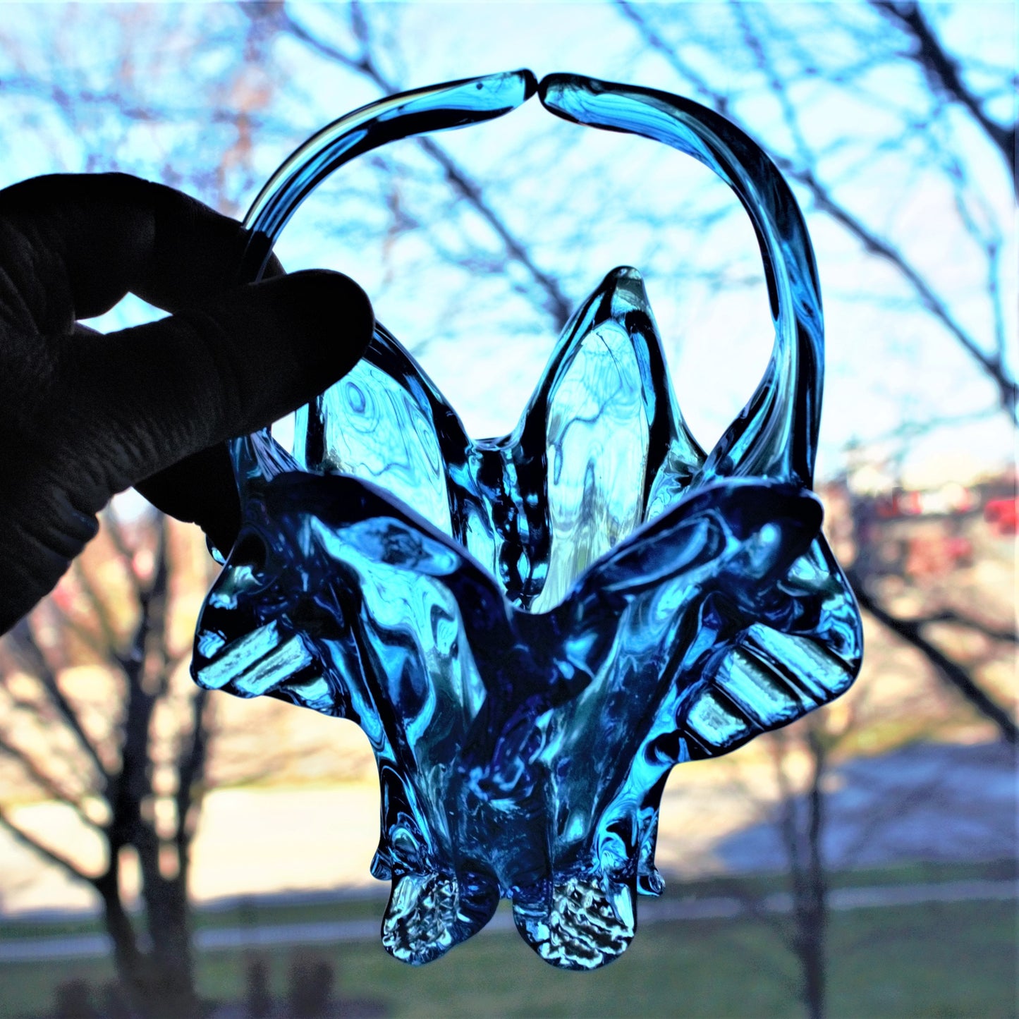 Vintage Capri Blue Glass Basket: Handblown Split Handle Sculpture