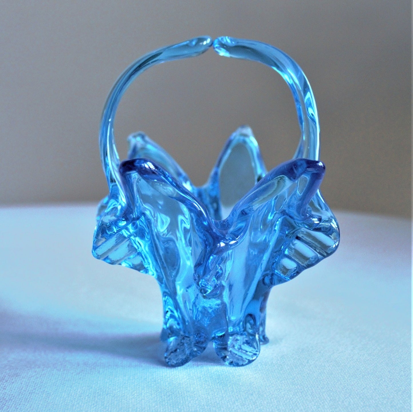 Vintage Capri Blue Glass Basket: Handblown Split Handle Sculpture