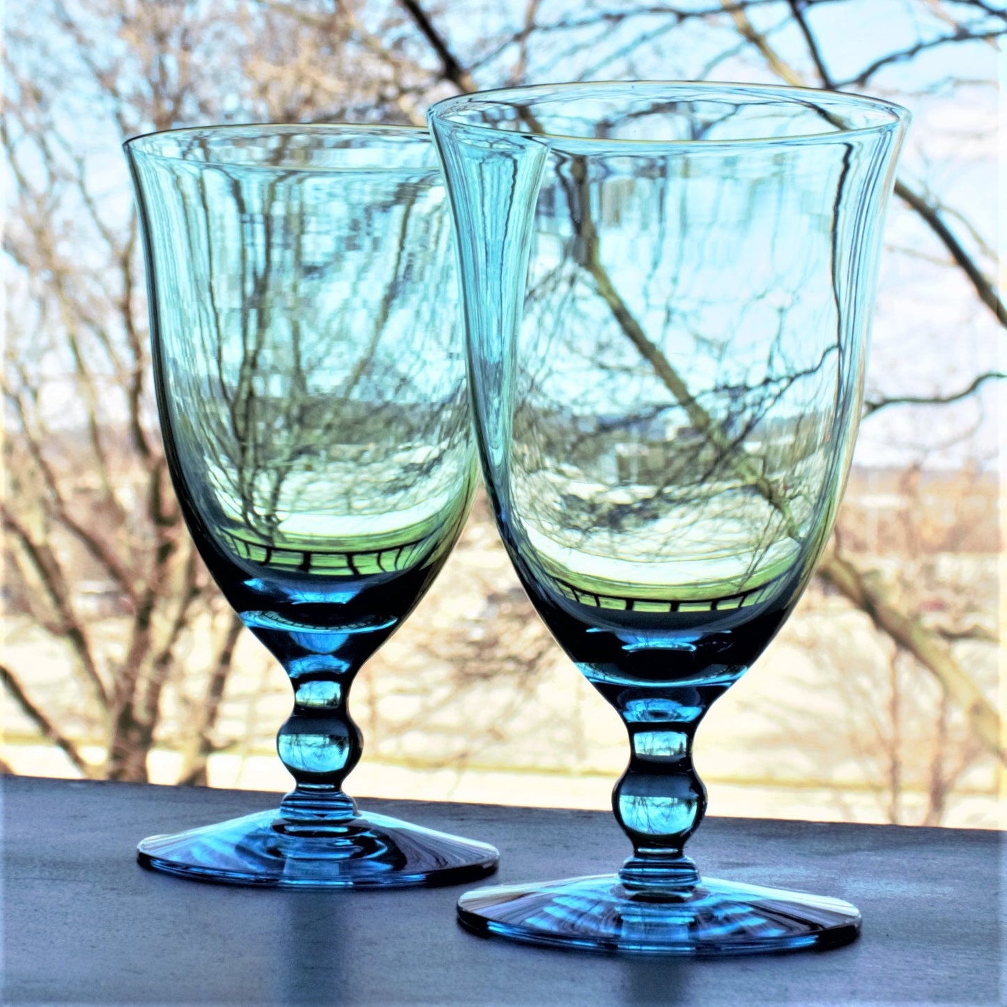 Vintage Capri Blue Water Goblets: Set of 2 Teal Stemware, cocktail glasses