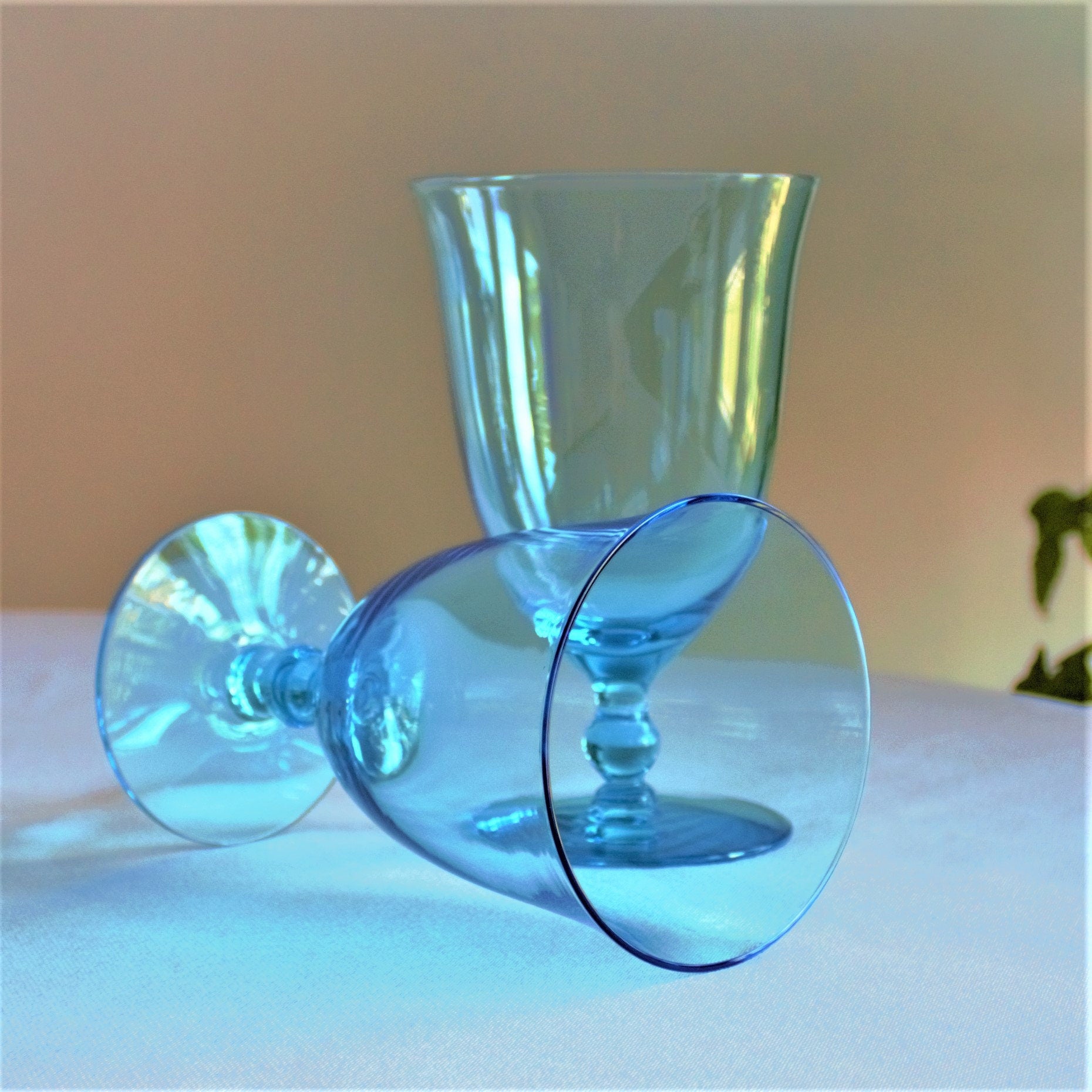 Vintage Capri Blue Water Goblets: Set of 2 Teal Stemware, cocktail glasses