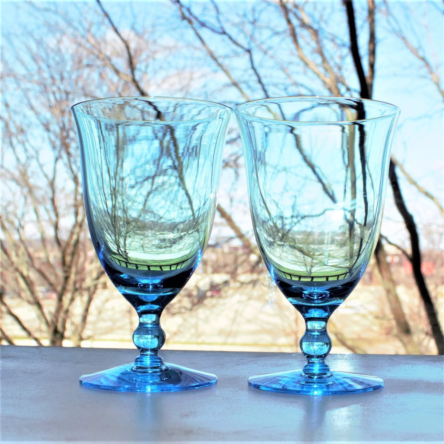 Vintage Capri Blue Water Goblets: Set of 2 Teal Stemware, cocktail glasses