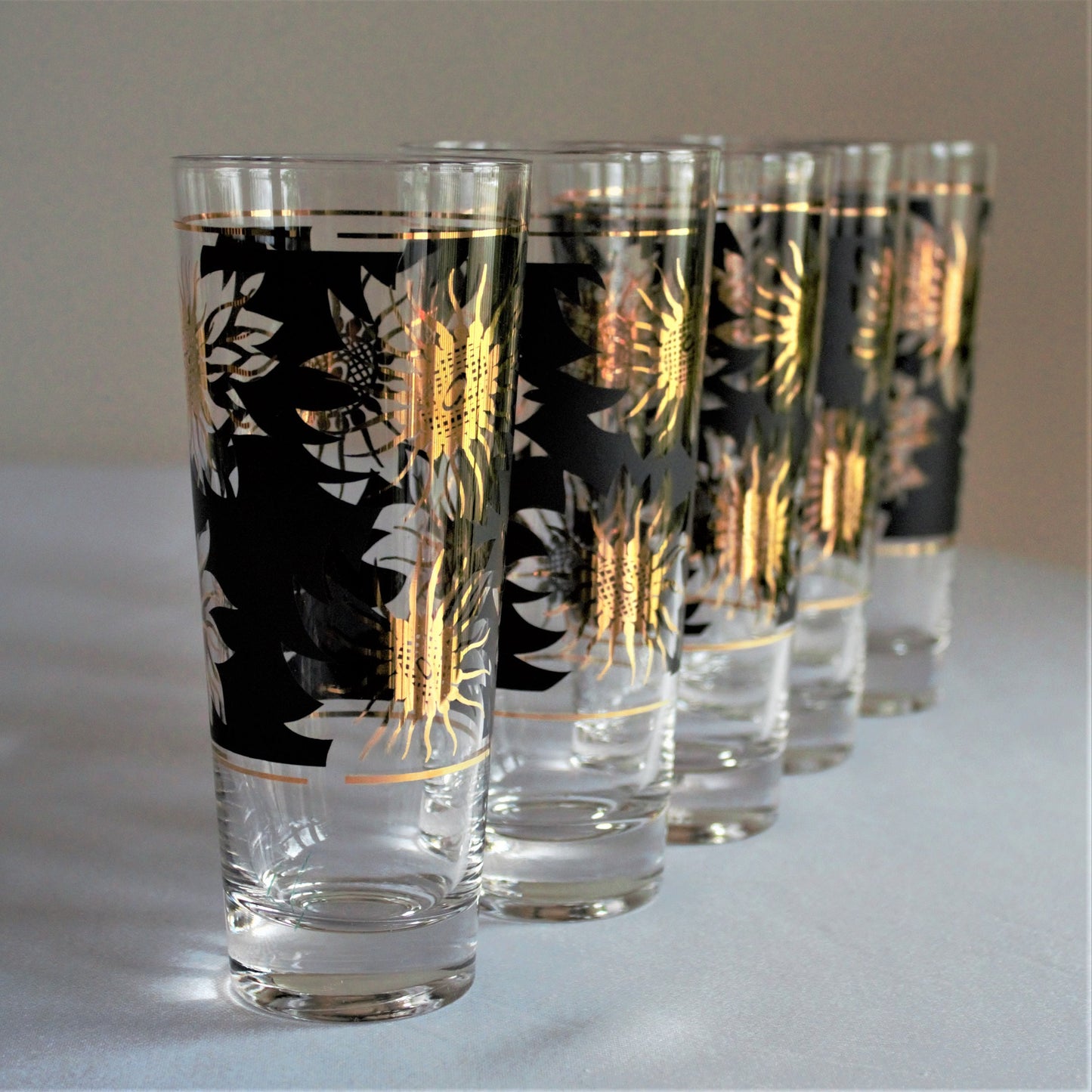 Vintage Gold Sunflower Tumblers: Black Cocktail Glasses, Set of 5
