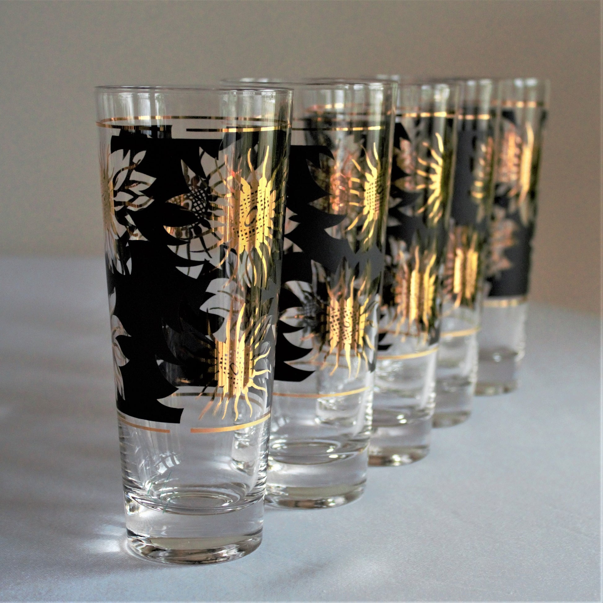 Vintage Gold Sunflower Tumblers: Black Cocktail Glasses, Set of 5
