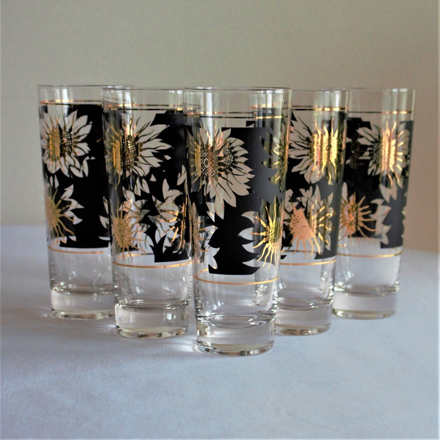 Vintage Gold Sunflower Tumblers: Black Cocktail Glasses, Set of 5