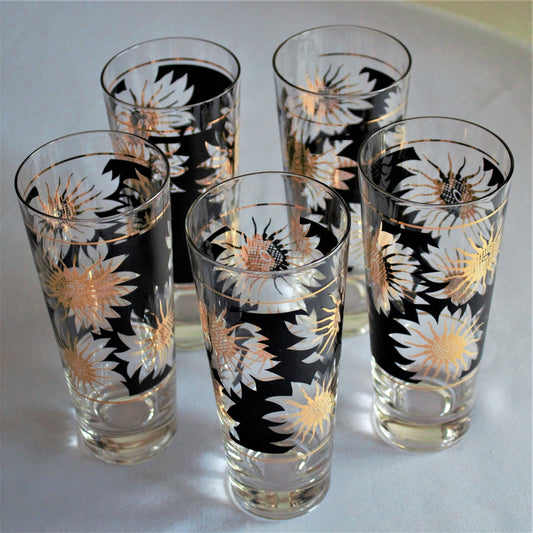 Vintage Gold Sunflower Tumblers: Black Cocktail Glasses, Set of 5