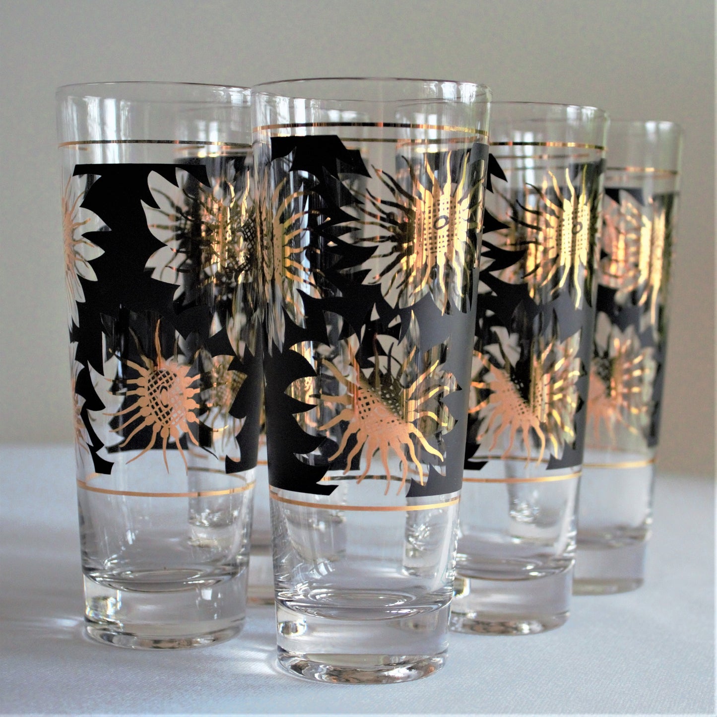 Vintage Gold Sunflower Tumblers: Black Cocktail Glasses, Set of 5