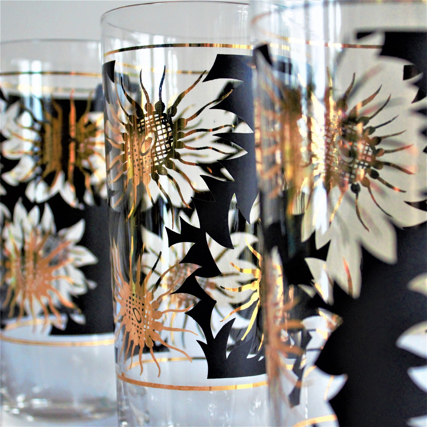 Vintage Gold Sunflower Tumblers: Black Cocktail Glasses, Set of 5