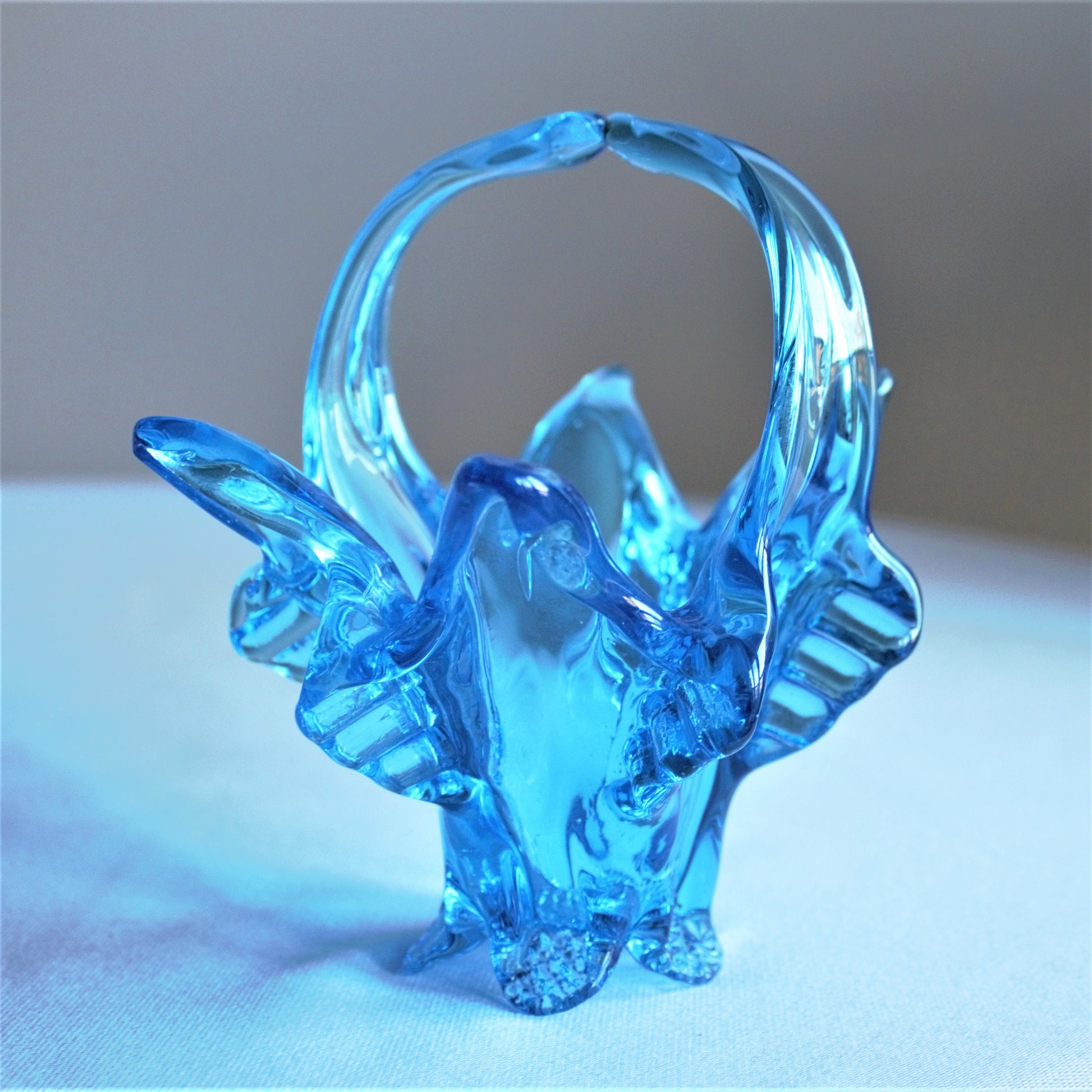 Vintage Capri Blue Glass Basket: Handblown Split Handle Sculpture