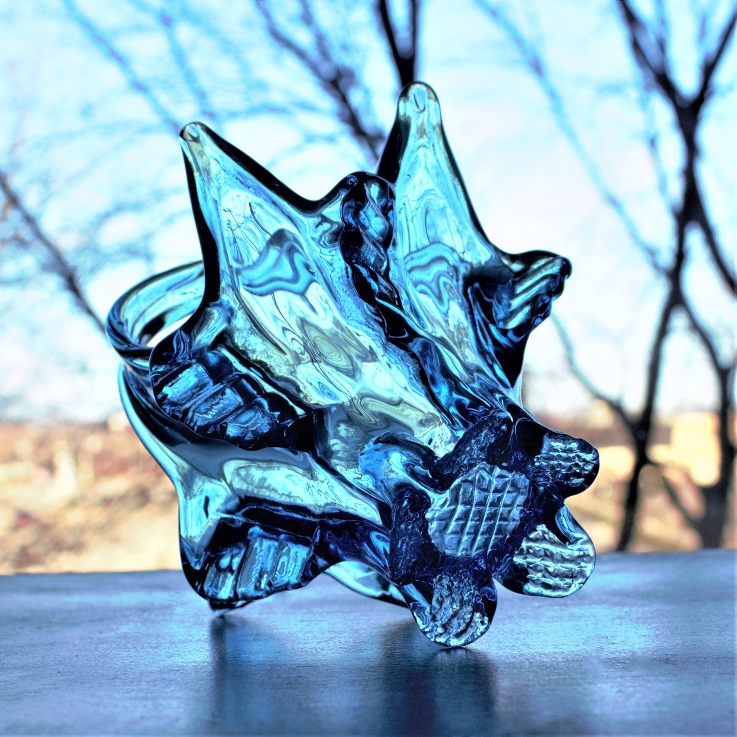 Vintage Capri Blue Glass Basket: Handblown Split Handle Sculpture