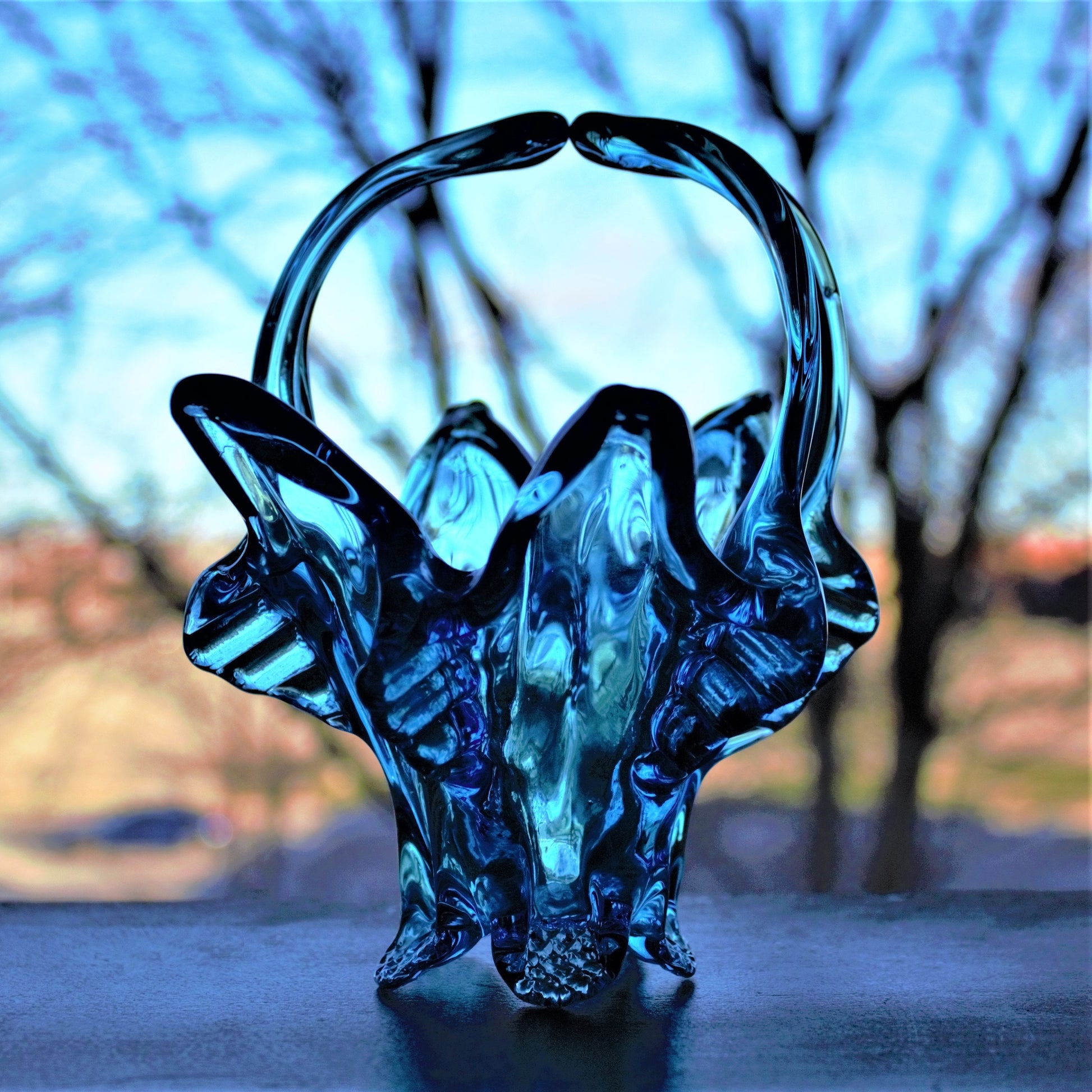 Vintage Capri Blue Glass Basket: Handblown Split Handle Sculpture
