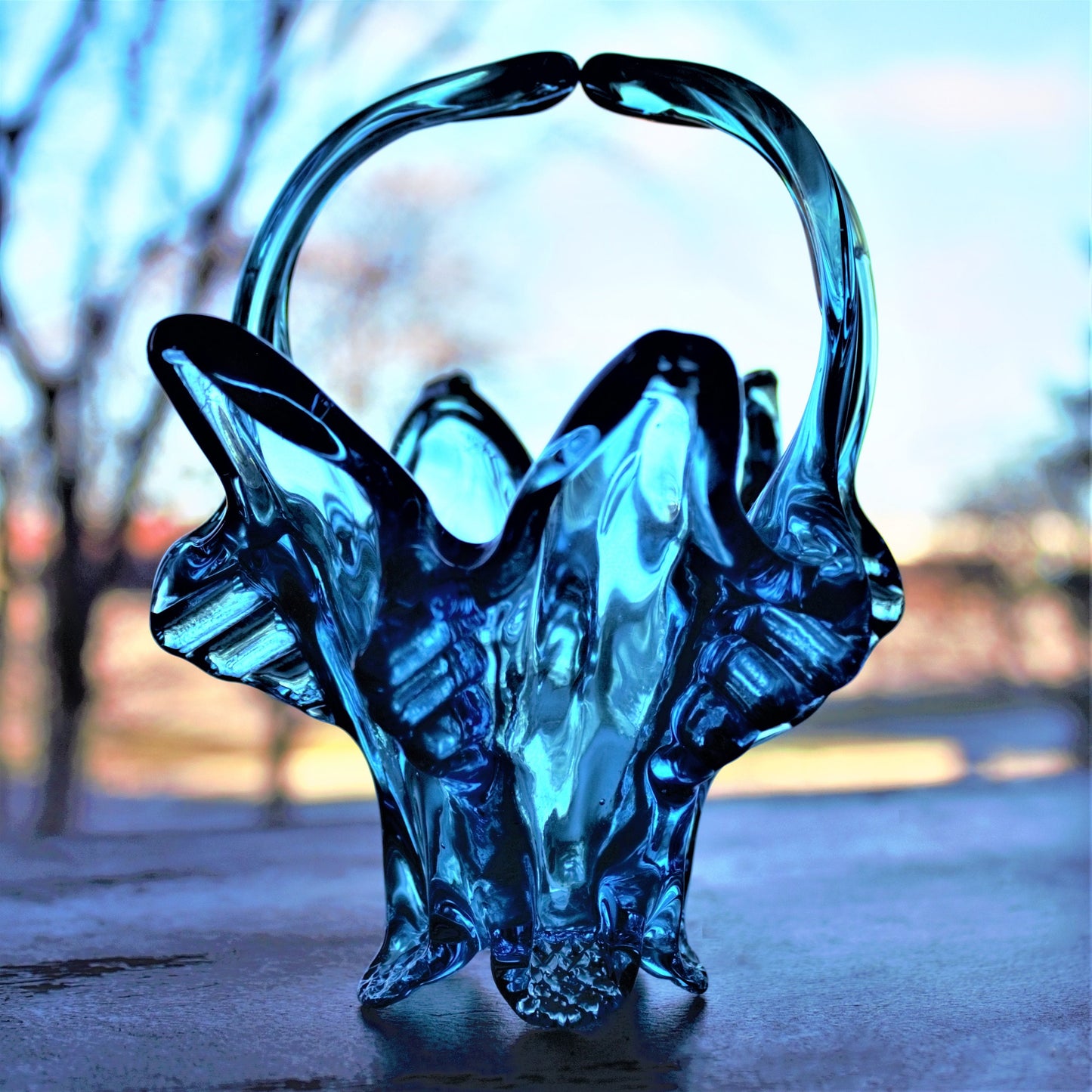 Vintage Capri Blue Glass Basket: Handblown Split Handle Sculpture