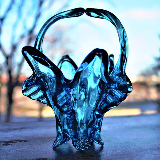 Vintage Capri Blue Glass Basket: Handblown Split Handle Sculpture