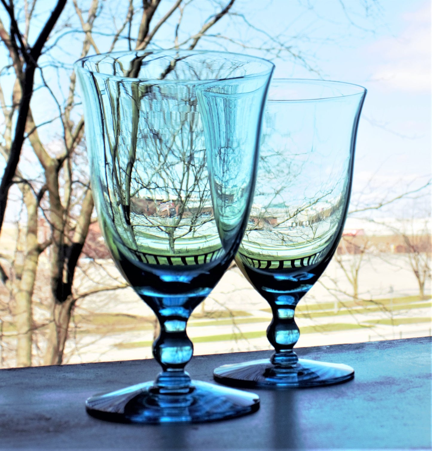Vintage Capri Blue Water Goblets: Set of 2 Teal Stemware, cocktail glasses