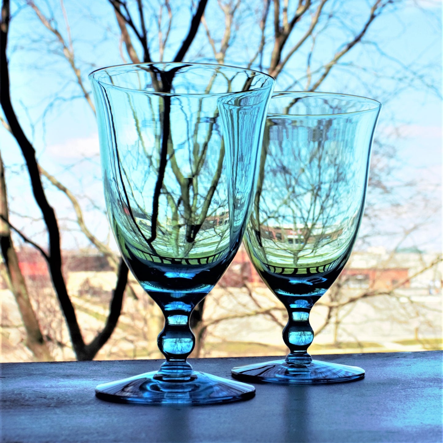 Vintage Capri Blue Water Goblets: Set of 2 Teal Stemware, cocktail glasses